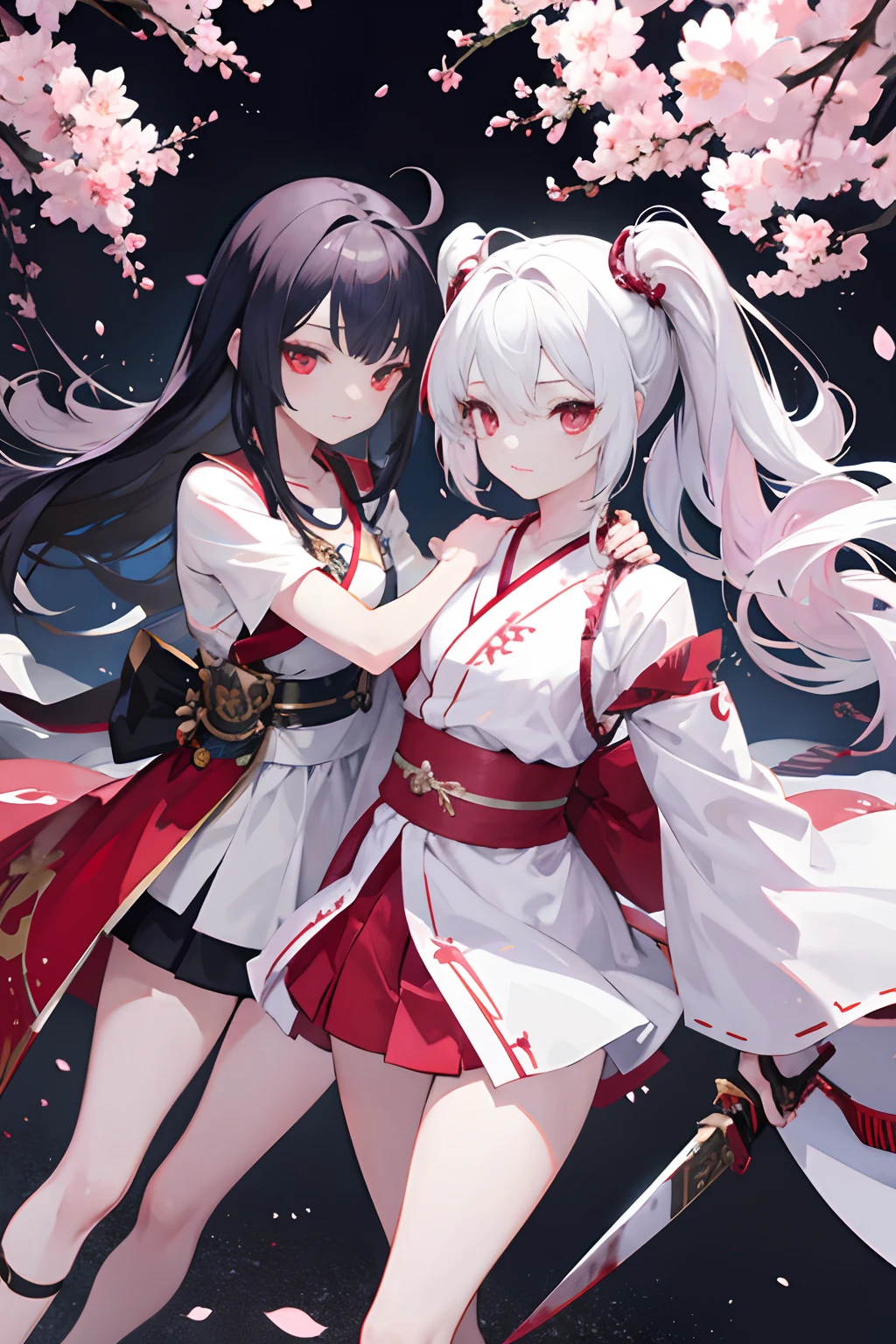 2girls、nightcity、Weapons with blood on them、Great body、Great legs、White kimono black hair with blood on it、Sword、Holding a weapon with blood on it、Cherry blossoms are dancing、poneyTail、Ordinary girl、The actions of two people who fight、Anime girl walking down the street of the city with blood on her face, anime style 4 k,4k anime wallpaper, anime art wallpaper 4k, anime art wallpaper 4k, best anime 4k konachan wallpaper, Anime Art, anime wallpaper 4 k