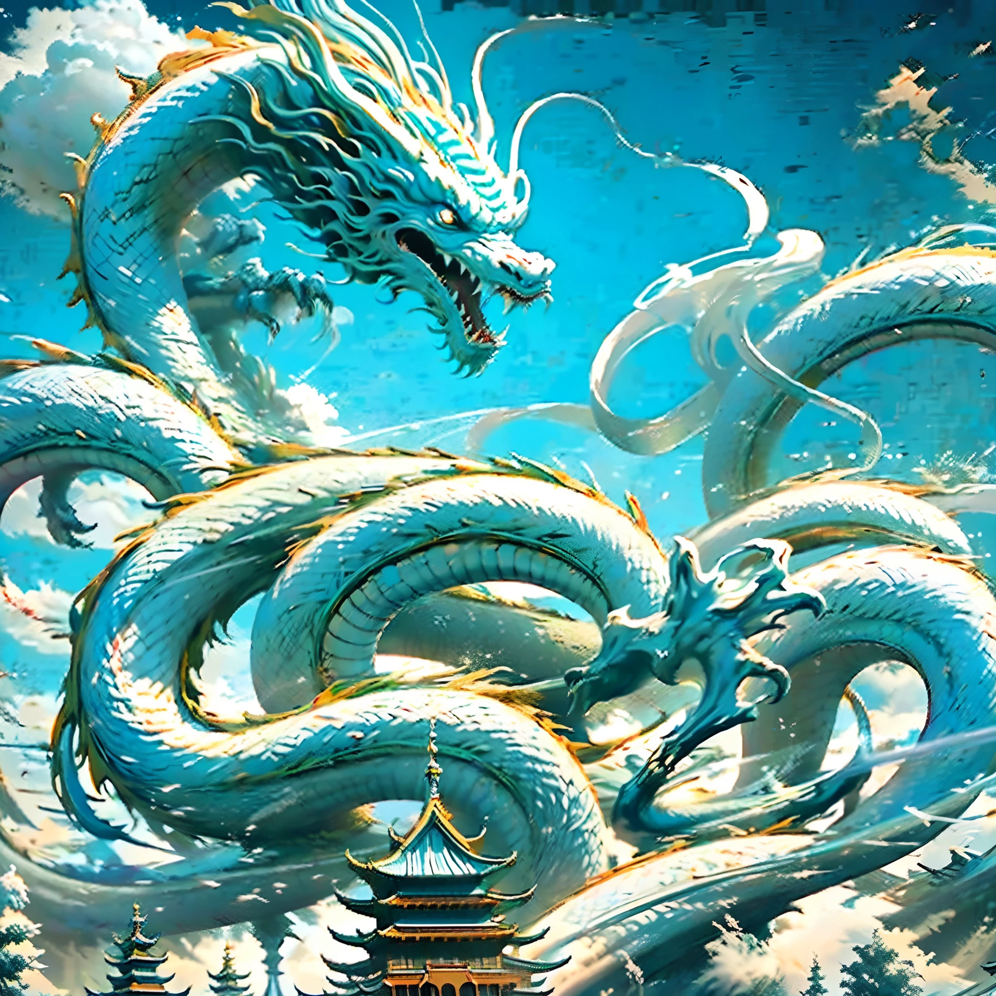 There are white dragon and blue dragon,National Trend Art, Stylized lines,Line art illustration, watercolor画, Strong line art, Ink works, Official illustrations, Detailed vector illustration, Color illustrations, Detailed digital drawing, Comic illustration,watercolor,Traditional Chinese illustration,No one showed up,