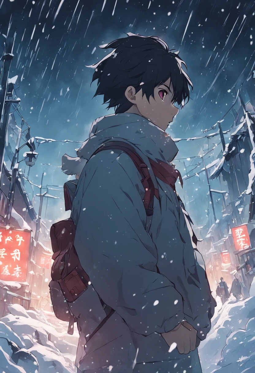 Man Traveling,Walking in the snow,snowflakes falling,japanes,A dark-haired,black eyes,Thick,in mountains