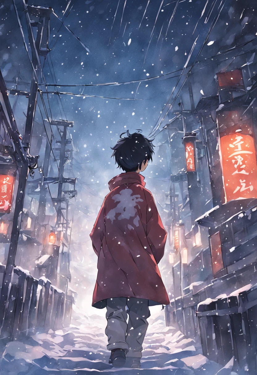 Man Traveling,Walking in the snow,snowflakes falling,japanes,A dark-haired,black eyes,Thick,in mountains