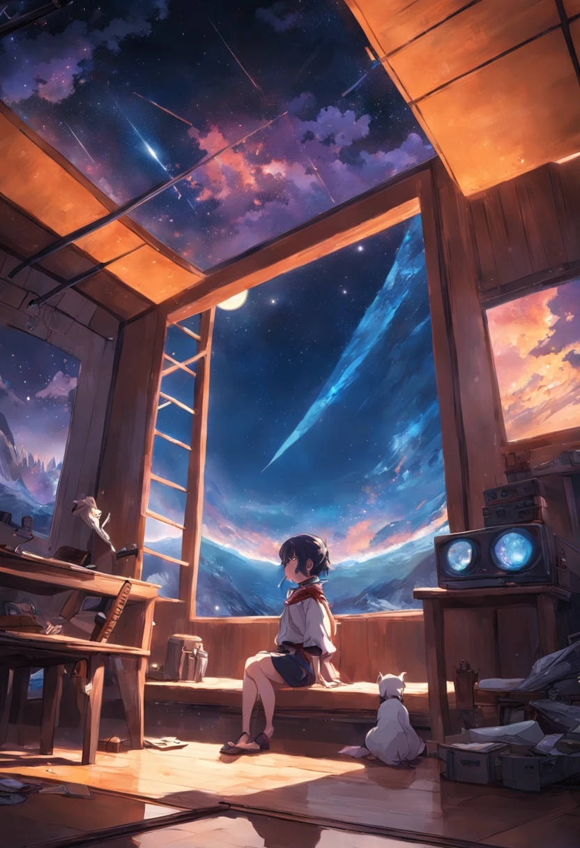 1 Outdoor girls, late, starrysky, in a panoramic view, Wild landscape scenery, horizon, the roof, sitting on rooftop, ventania,(wide angles,Ultra HD details,Masterpiece, hyper HD, Super detail, High details, Best quality, A high resolution, Award-Awarded, 8K),(电影灯光)