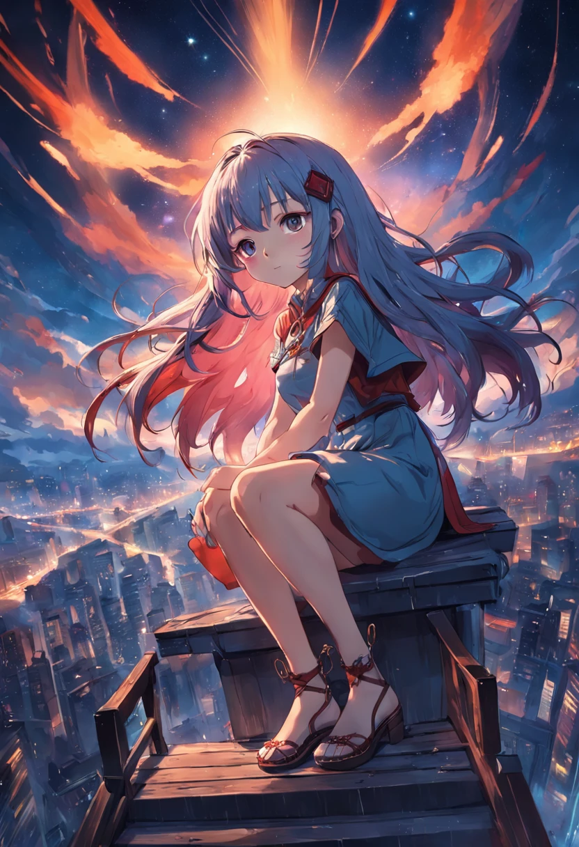 1 Outdoor girls, late, starrysky, in a panoramic view, Wild landscape scenery, horizon, the roof, sitting on rooftop, ventania,(wide angles,Ultra HD details,Masterpiece, hyper HD, Super detail, High details, Best quality, A high resolution, Award-Awarded, 8K),(电影灯光)
