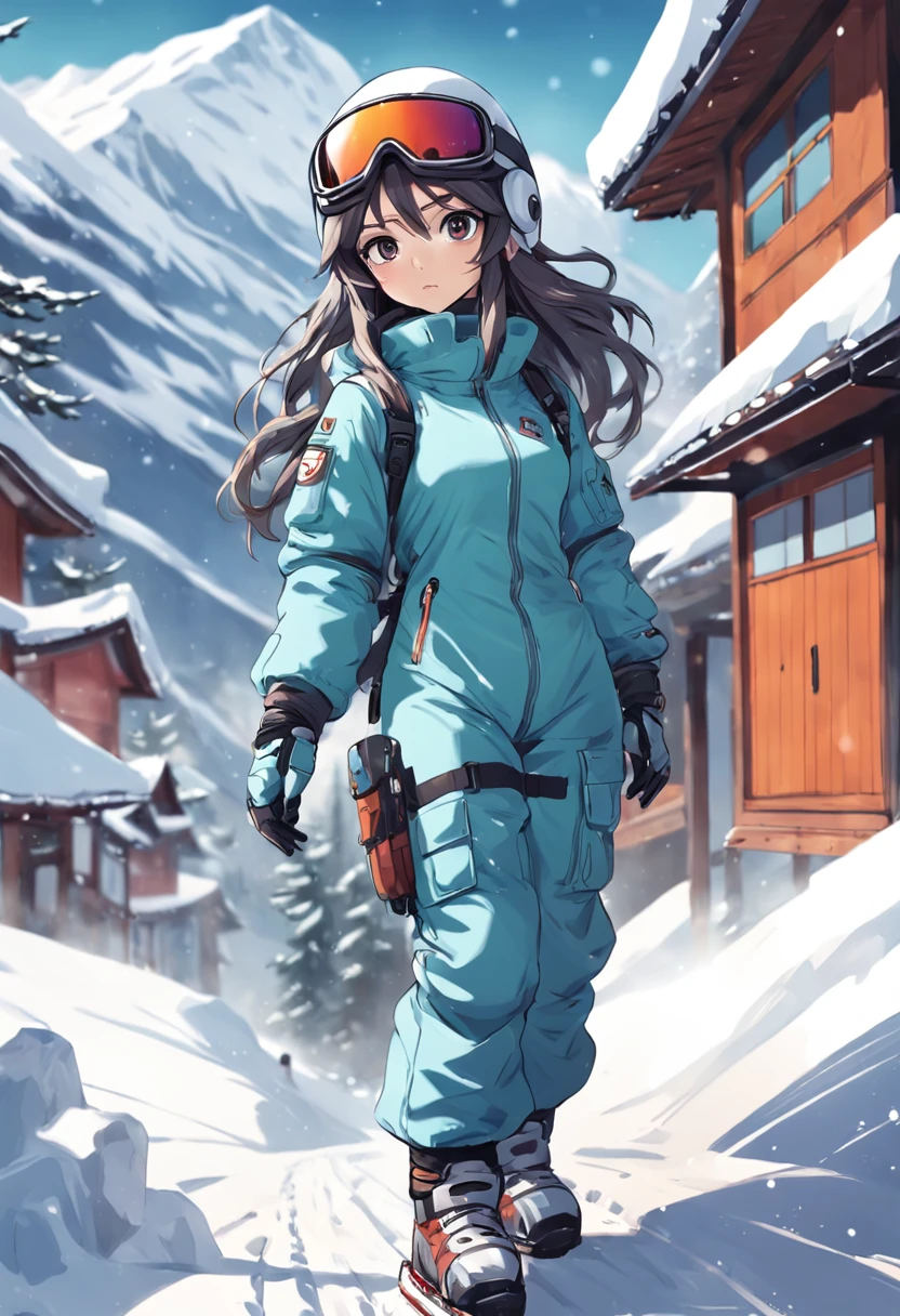 Female long-haired snowboarder in ski suit with helmet and snow goggles, action sports, Steep, eye-catching detailed art style, Old Japanese anime style,stunning art style, stunning digital illustration, Arte conceitual de inverno, Beautiful digital artwork, High quality wallpaper, High Quality Anime Art Style, 1024px, concept art style