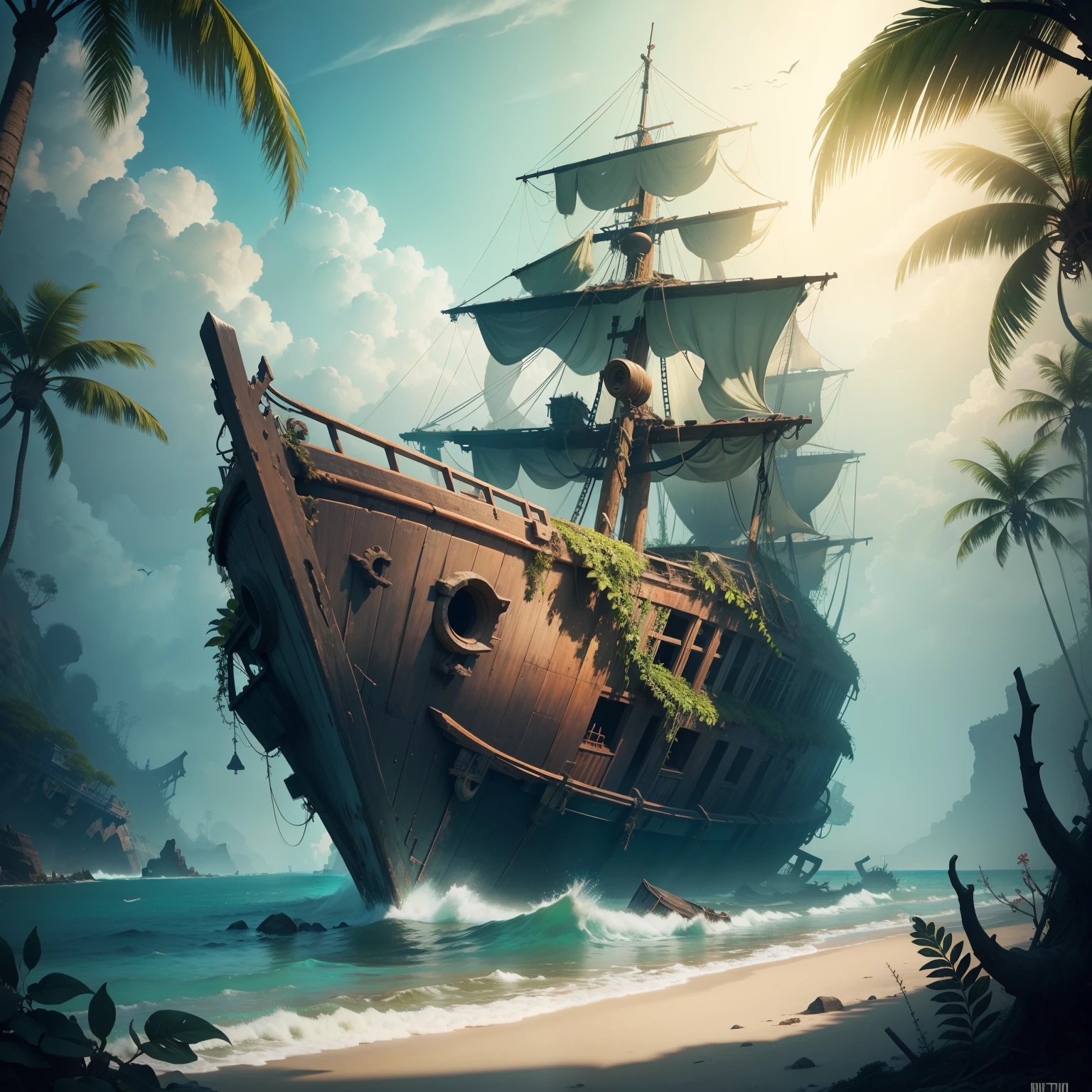 Ancient shipwreck on a tropical beach overgrown with vegetation