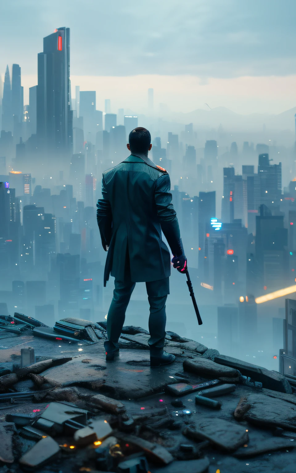 there is a man standing on a rock with an umbrella, in front of a sci fi cityscape, overlooking a modern city, matte painting portrait shot, moody iconic scene, cinematic 4 k wallpaper, cinematic 4k wallpaper, dramatic cinematic shot, movie still 8 k, looking over city, altered carbon series, in the john wick movie, hd wallpaper