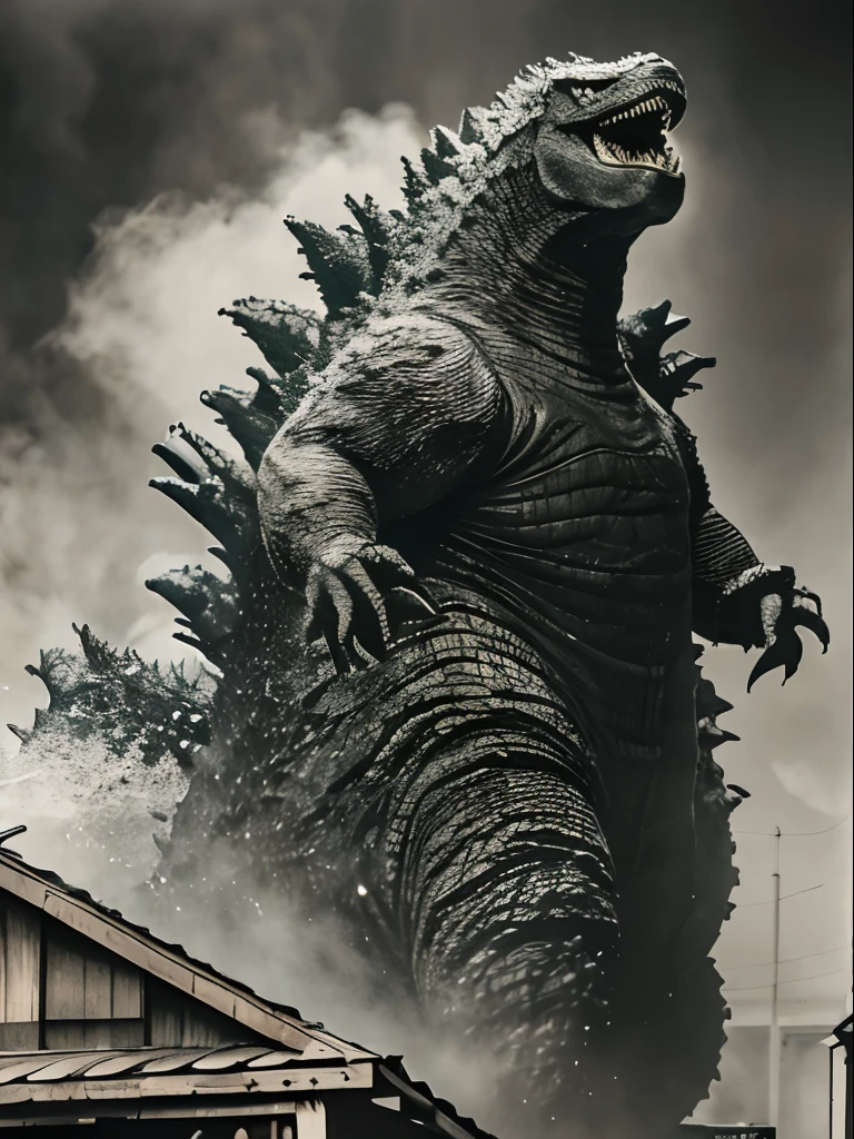 high-level image quality, ultra-detailliert, Giant Godzilla behind a wooden building in the Japan of the 1950s, Raise your head high，Be proud，Nostrils look at people, smog, Black and white movie scenes, Night, gloom, HyperSmoke, Dark background,