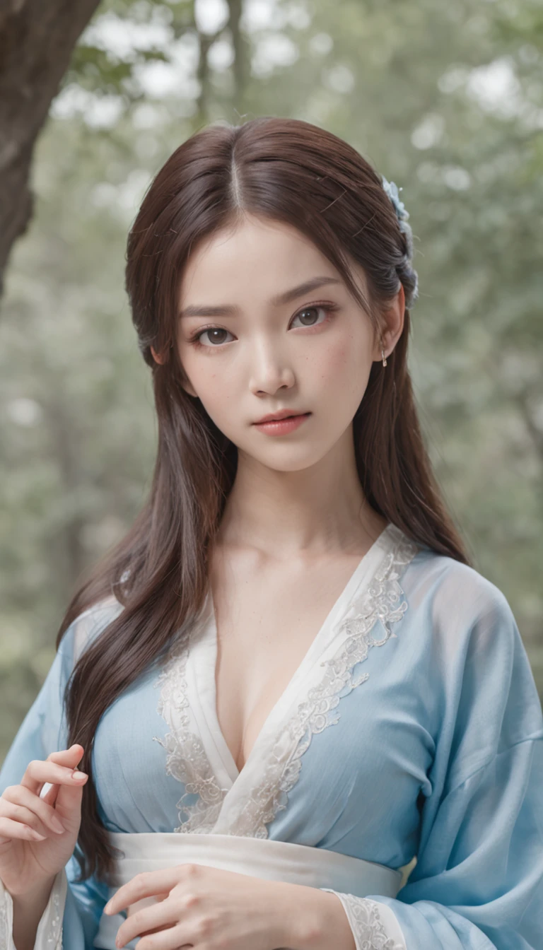 1 Beautiful and Cute Reality Show Girls, Gentle young girl, Waist-length hair, cabelos preto e longos，Slightly blue, Light blue eyes, Wearing a long, Thin, a blue dress，Hanfu Style, ((a blue dress，A white lace border covers the girl:0.8)), Style Humph, Wearing an ancient Chinese silk shirt, Pink and smooth white skin, Dressed in modest antiques, O'Day, You will see the shoulders and head in the photo,Cute little face, Eye bags under wet makeup, plump red lips, sullenness, ((Closed mouth:1.0)), Balance incisors, embarrassed, Description of small face makeup，Tremendously beautiful, The chest is super round and firm, Breasts are plump，voluptuous breasts， Blumchest Cabinet, ((Cover the girl's chest with a camisole inside:1.2)), blush, from the front side, Wearing earrings, choker necklace, From  above, view the viewer, upward-eyed,  masutepiece, of the highest quality, Best Quality, offcial art, Unity 8k壁纸, hight resolution, 超A high resolution, Ultra-detailed, (Photorealistic:1.2), Alone, Solo, Only 1 Girl, Style Hanfu Dunhuang, 10x pixel, Super realistic, Ultra High Quality, Full body view of a girl,  Sevendompelganger shot,