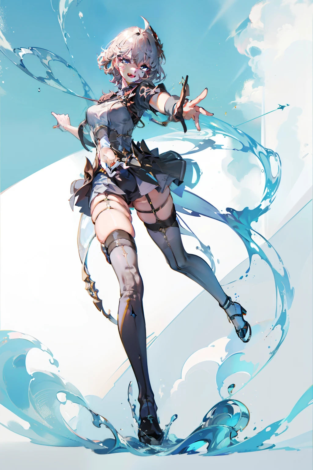 Illustration, UHD, retina, masterpiece, accurate, anatomically correct, super detail, high details, high quality, award winning, best quality, highres, good anatomy, 1080P, HD, 4K, 8k, 16k, 1girl, dynamic pose, androgynous, full body detailed eyes, detailed clothes, detailed hair, rendering, women, medium breast, aiming a bow, smiling, wearing a pleated mini skirt, wearing black thigh high socks