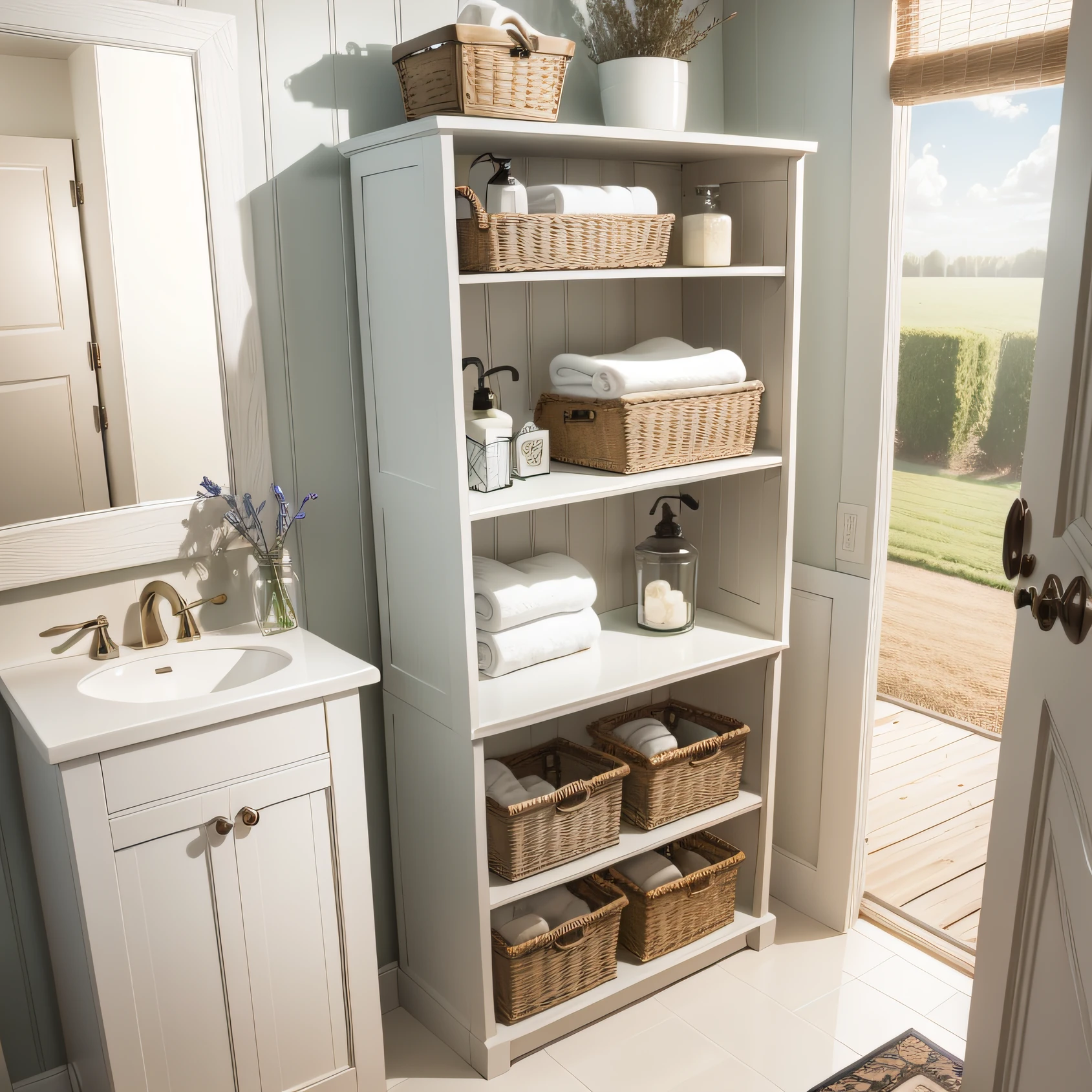 farmhouse white bathroom with Storage and Display