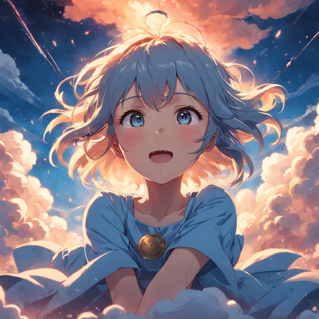 masterpiece, best quality, movie still, 1girl, cloud girl, floating in the sky, close-up, bright, happy, warm soft lighting, sunset, (sparks:0.7)