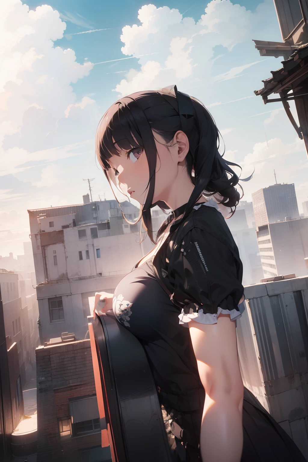 ultra quality, ultla highres, hyper detailed, high contrast, super fine illustration, creative refinement, huge breasts, Stylish city building rooftop