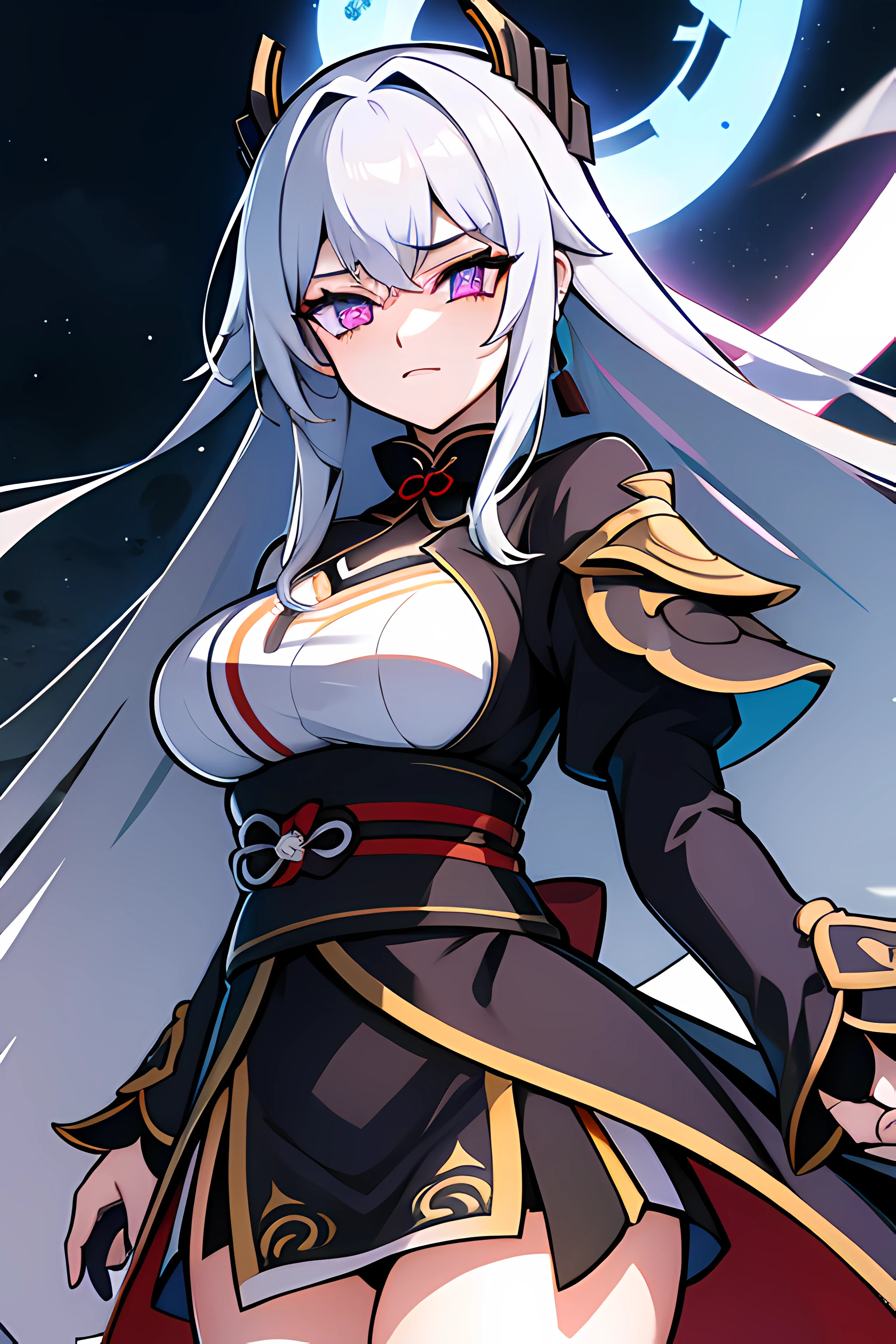 Genshin Impact Custom Character, Original Character, female, busty, thicc, samurai gf, dark skin, ponytail white hair, black background, glow, bokeh, depth of field