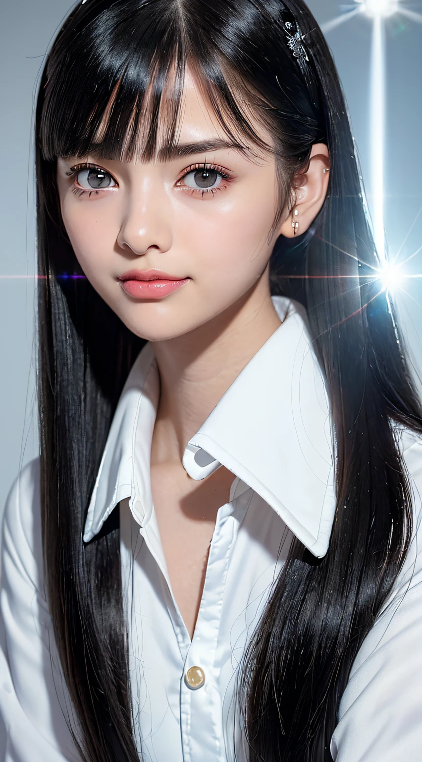 One girl, 20 years old,(((Unusually large eyes, Round black eyes, straight black hair, round face,puffy bangs, princess cut, long hair, slicked back hair, pearl barrette, X-shaped hair piece, (very small lips: 1.5), sparkling student,neat, shy smile, Look at Viewer,realism, cinematic lighting, Fuji color, symmetry, top lens flare, Canon, ticker, mast piece, anatomically correct, super detail, top quality, 4K, 8K
