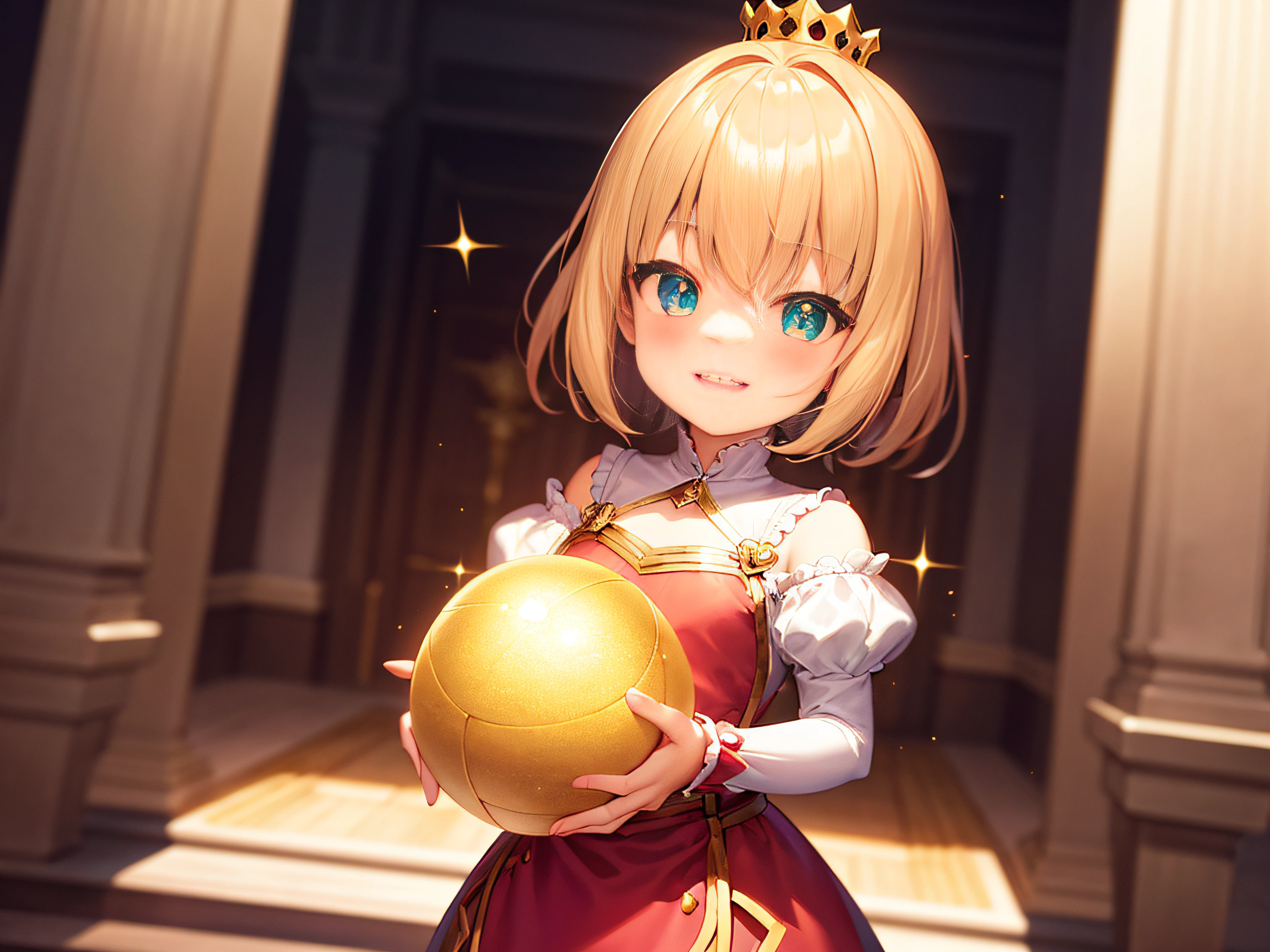 Inside the palace during the daytime, under the normal natural light, we are presented with a close-up shot. We can see the face of a little princess, who is the treasure of the palace. She has a beaming smile, and her playful eyes reveal innocence and joy. In her tiny hand, she holds a golden ball that sparkles and shines. This scene is filled with childlike wonder and infinite fantasy, while the happiness of the little princess conveys the joy and bliss within the court.