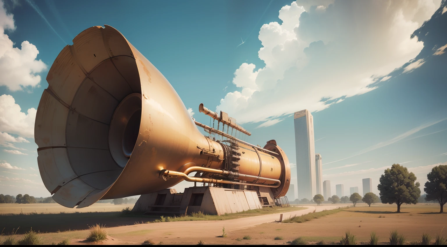 A huge trumpet-shaped monitor on an open field（100 meters high），The curved tube is attached to the human ear，The old texture of the rusty peeling of the metal