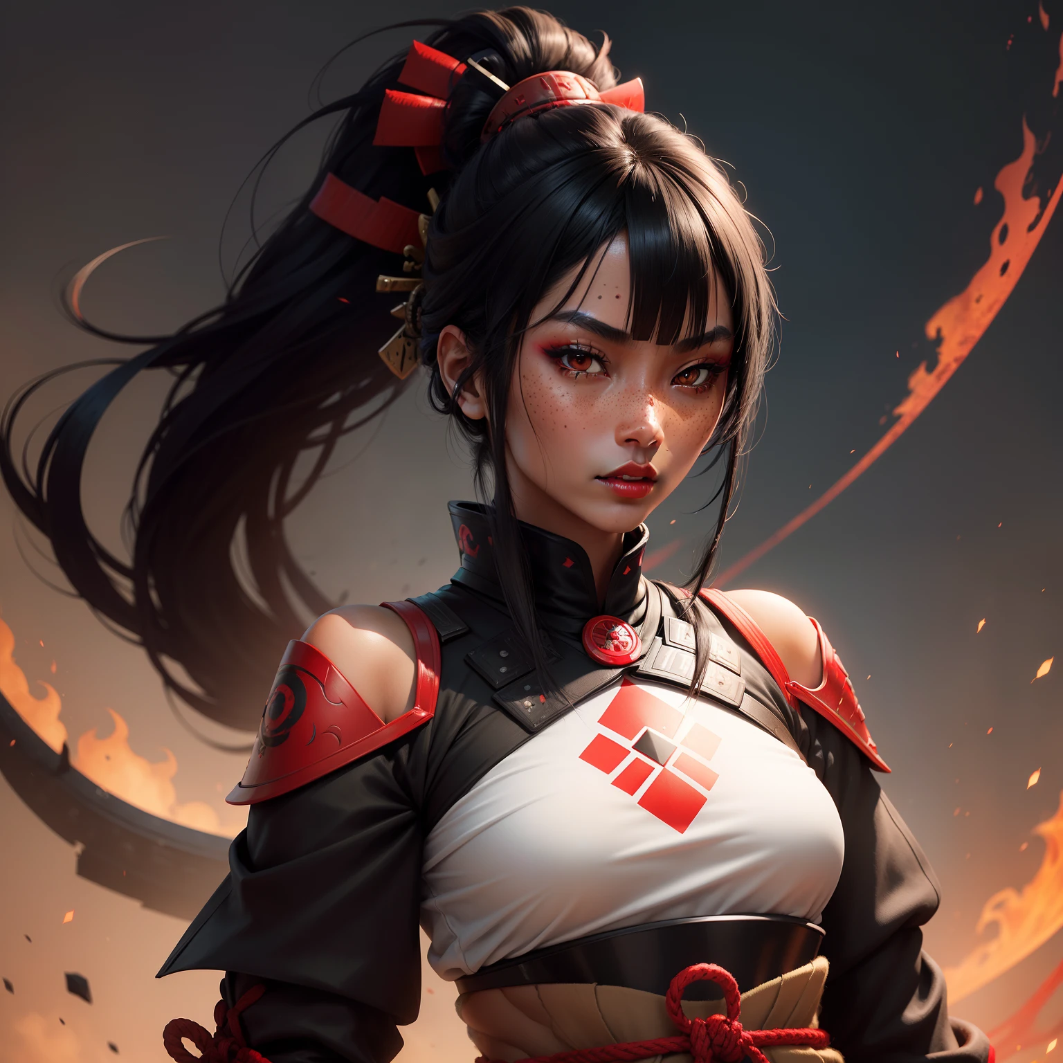 Female samurai warrior, jet black hair, dark skinned tanned, red black, bright moon, freckles on the face, red lipstick, full body, no extra hair, diamond shaped face, cover top