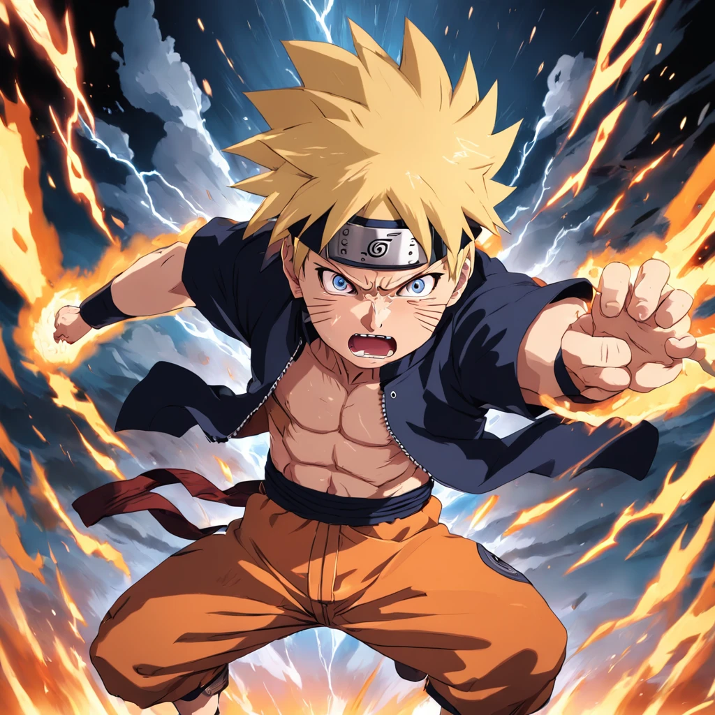 Naruto from "Naruto" in a fit of rage. Capture the essence of his burning determination and unyielding spirit as he unleashes his wrath upon his enemies. Keep it short, bold, and intense to convey the raw power of Naruto's anger. ((Highly detailed image, best lightning effects)), magnificent, high masterpiece, ((Full body portrait)), Intense face and power, action scene