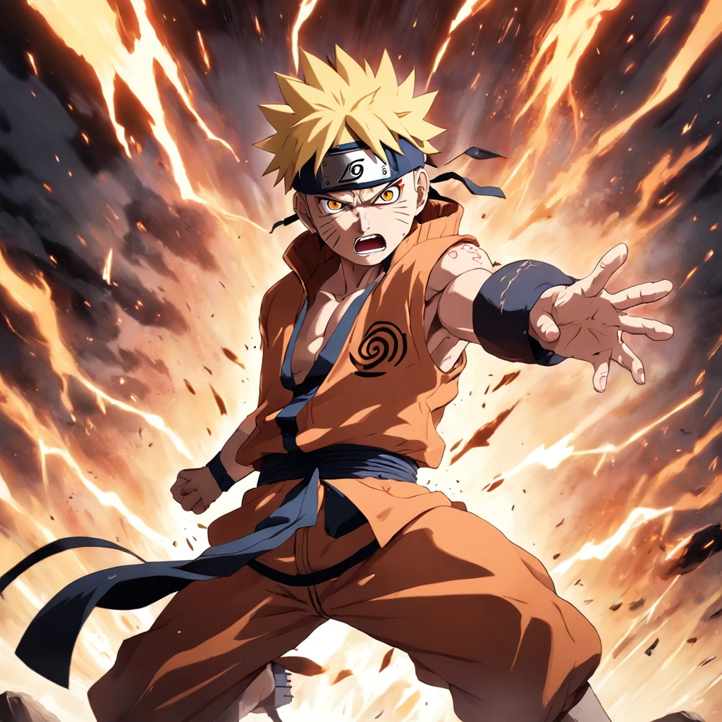 Naruto from "Naruto" in a fit of rage. Capture the essence of his burning determination and unyielding spirit as he unleashes his wrath upon his enemies. Keep it short, bold, and intense to convey the raw power of Naruto's anger. ((Highly detailed image, best lightning effects)), magnificent, high masterpiece, ((Full body portrait)), Intense face and power, action scene