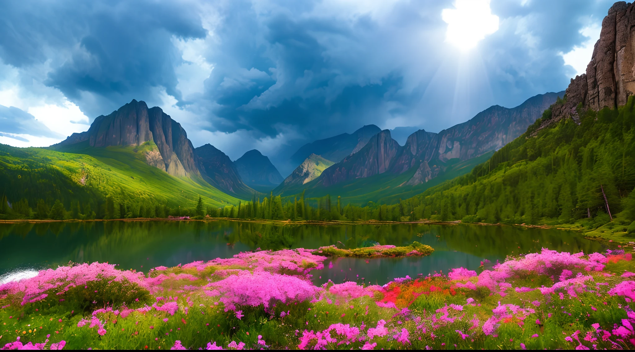 magical, landscape, mysterious, luminous, dreary, complex, bloom, dreary. expansive, magnificent, god rays, storm, lightning, mountains, valley, boulders, trees, flowers, lake