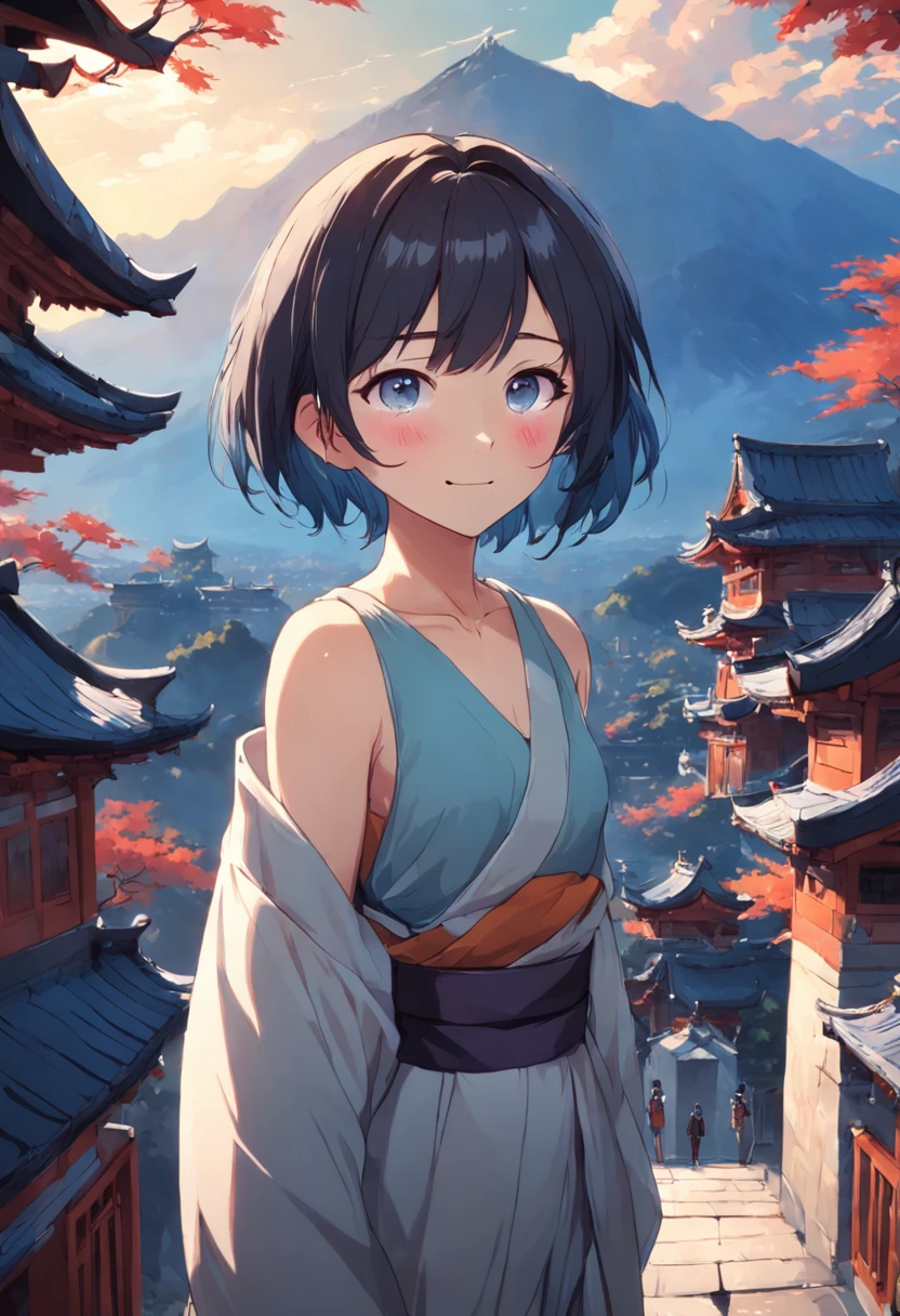 keqingdef, upper body, smile, blush, outdoors, day, simple background, blue sky, short hair, sky, temple, looking at viewer, stairs, mountain, moody lighting, facing viewer,