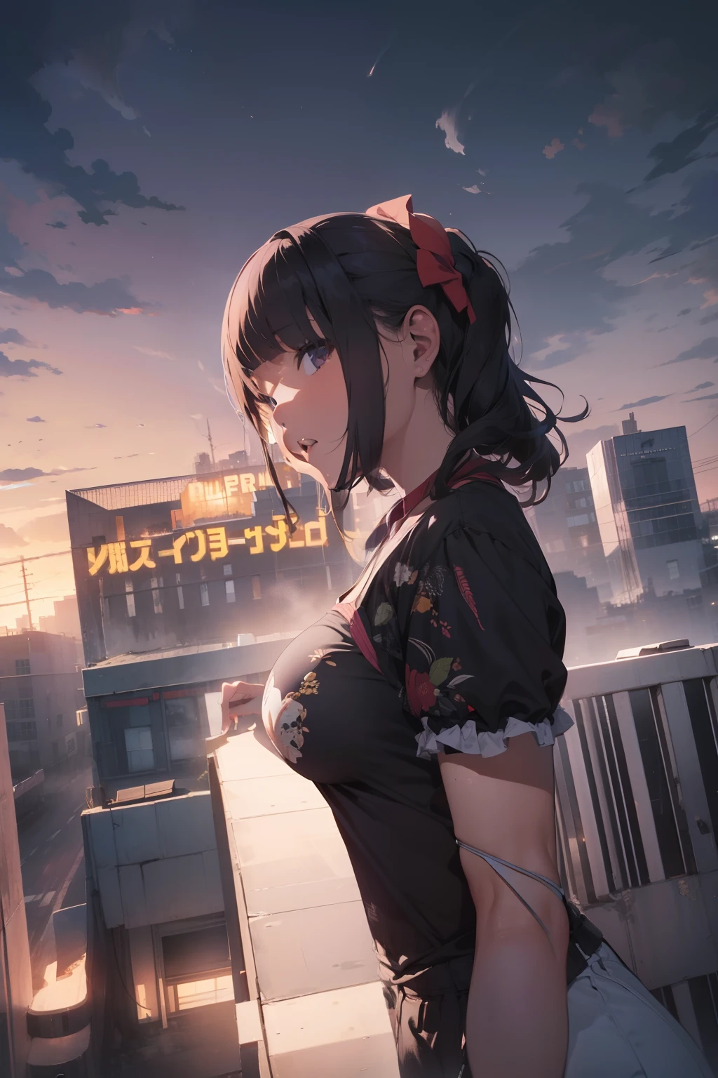 ultra quality, ultla highres, hyper detailed, high contrast, super fine illustration, creative refinement, huge breasts, Stylish city building rooftop