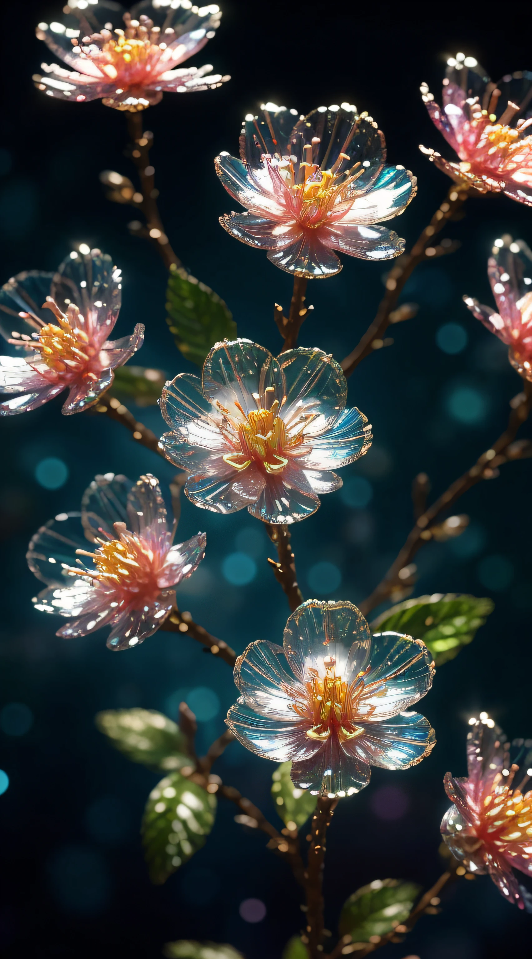 crystal spring blossom,
fantasy, galaxy, transparent,
shimmering, sparkling, splendid, colorful,
magical photography, dramatic lighting, photo realism, ultra-detailed, 4k, Depth of field, High-resolution
