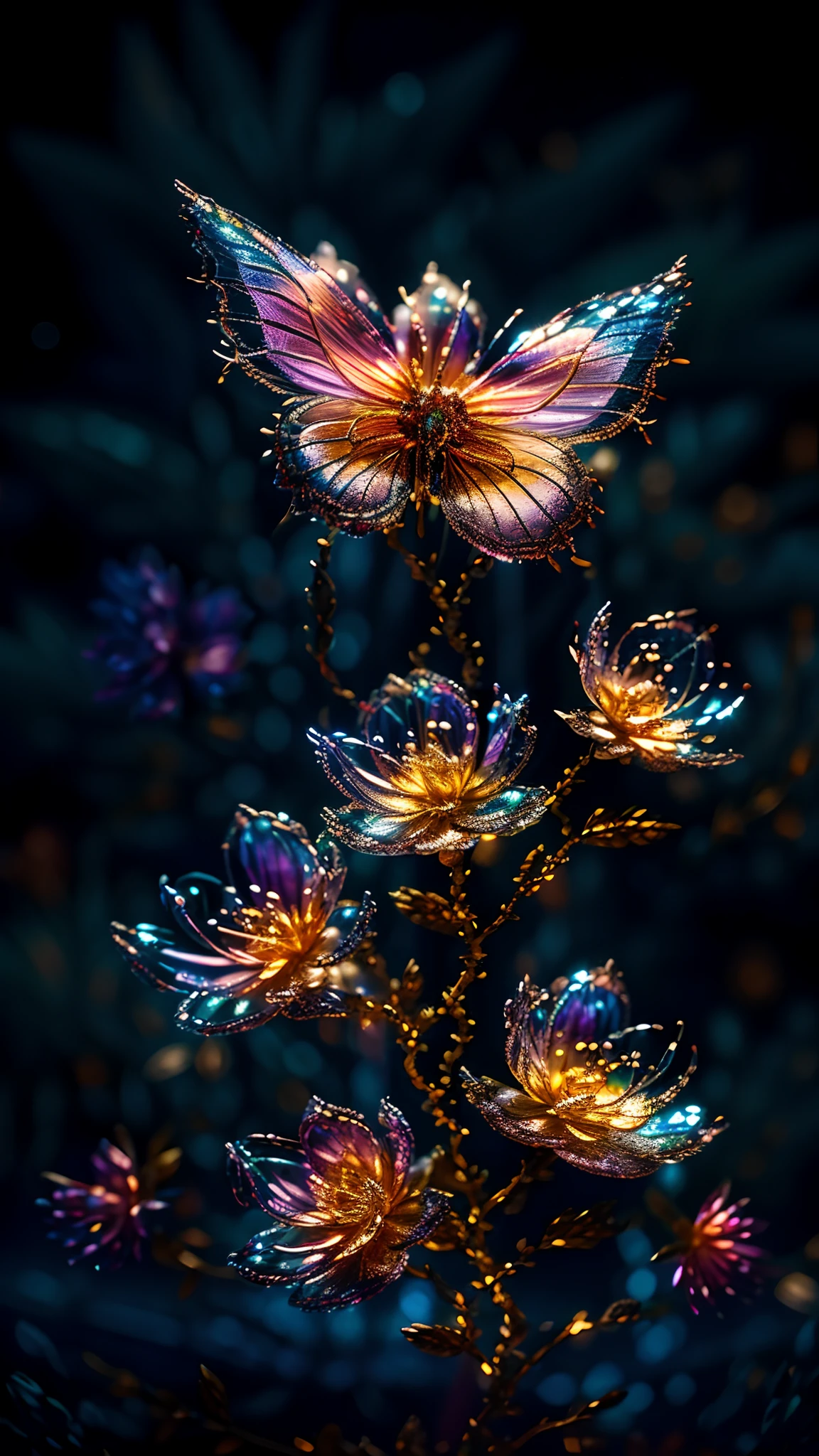 branch of delicate lilac flowers, super transparent, holy light, beautiful spectral light, petals glow, flashing, dark background, drops of transparent light, reflective light, bright, light streaming in, optics, portrait profile, sharp focus, magical, intricate, ultra realistic, fantasy, composition, light, trend on artstation, pearl, patronus cloud of silvery vapor, corrosive enveloping ray family, 8k, ureal ar 23v4 uplight
