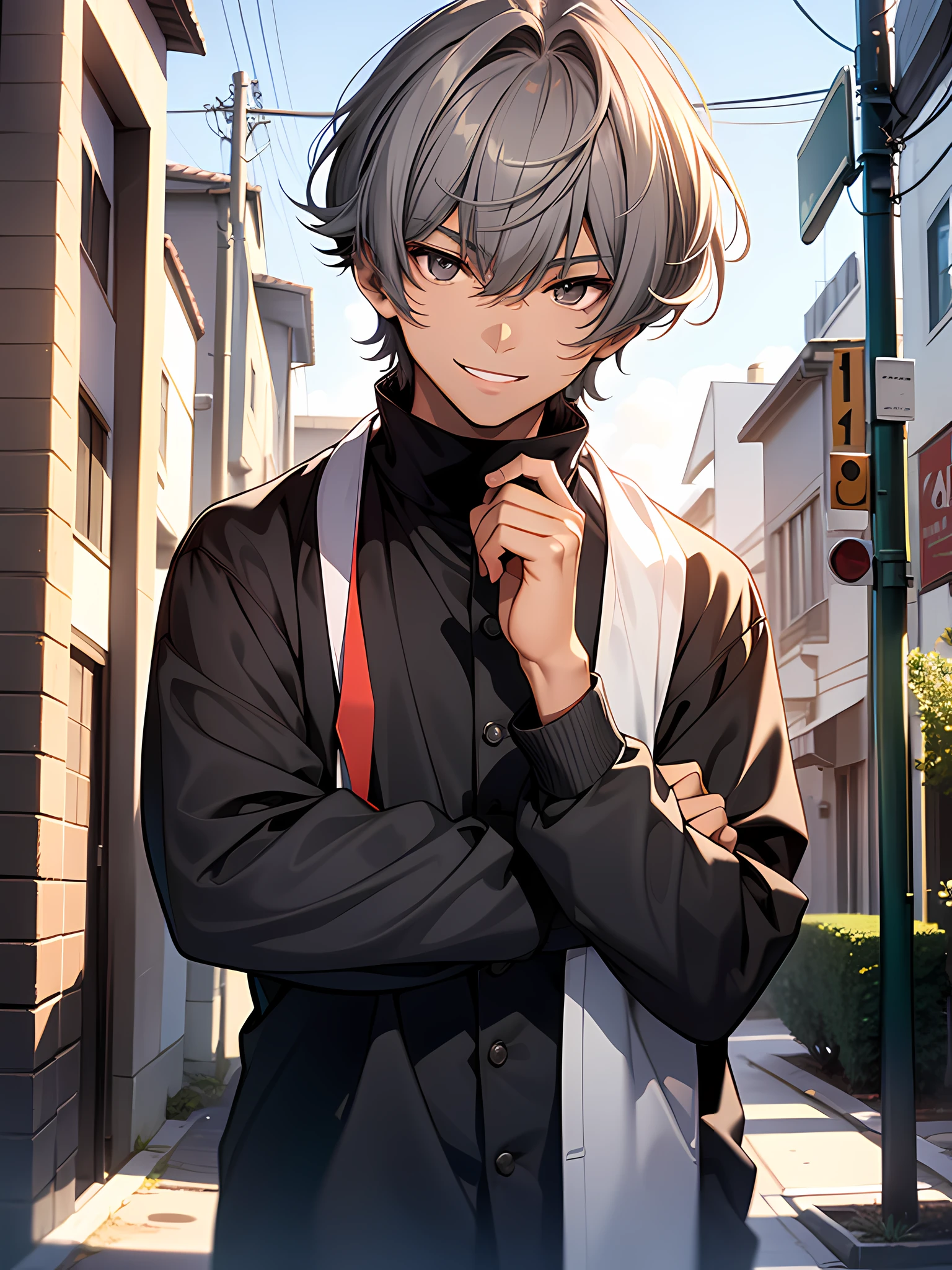 1 boy smiling with face focus, have beautiful gray eyes, gray hair with curtain bangs hairstyle, wearing highschool uniform, body is well proportioned, his in the neighborhood, high resolution, ultrasharp, 8k, masterpiece, looking at viewer