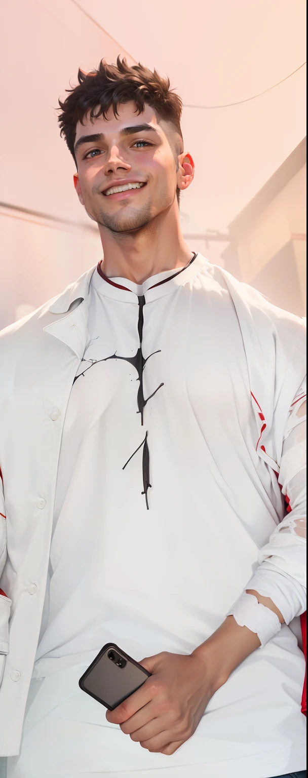 (absurdres, highres, ultra detailed, HDR), masterpiece, best quality, 1boy, handsome, short hair, finely eye and detailed face, (white t-shirt), (red jacket), dimple, night street, night city, midnight, selfie shot, light smile
