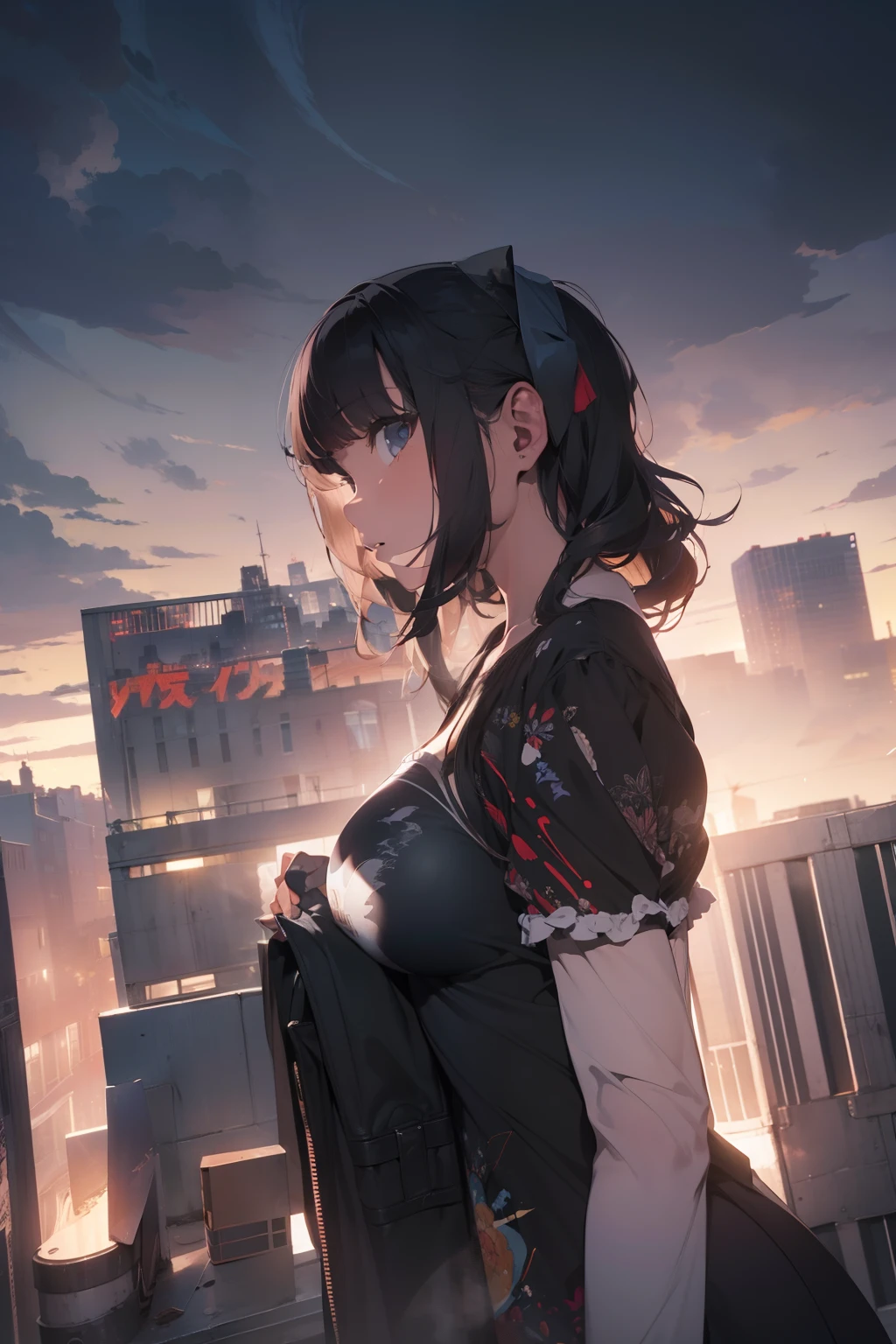 ultra quality, ultla highres, hyper detailed, high contrast, super fine illustration, creative refinement, huge breasts, Stylish city building rooftop