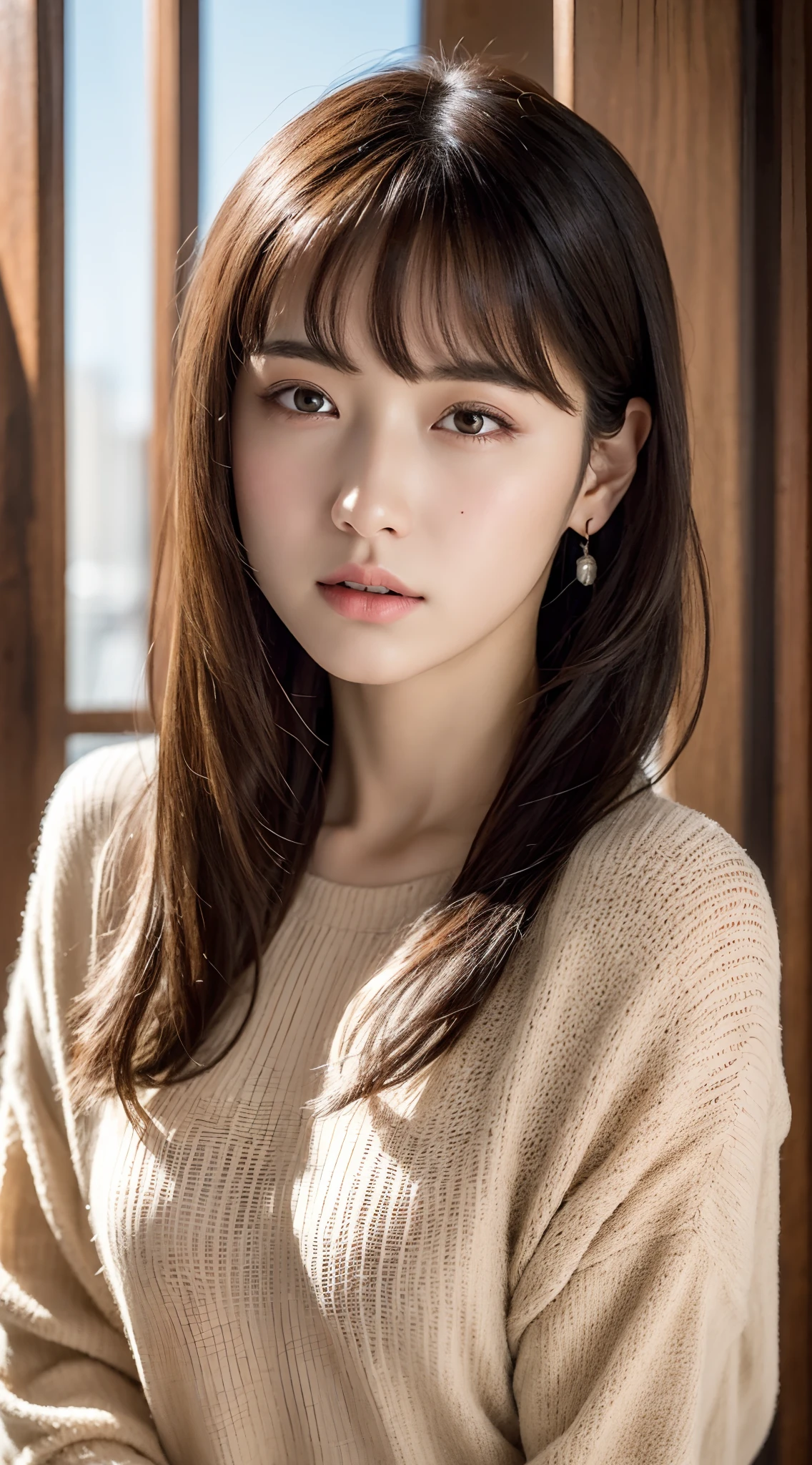 (8k, RAW photos, top quality, masterpiece: 1.2), ultra detailed, super resolution, (real, real photos: 1.37), portraits, high definition RAW color photos, professional photos, very detailed and beautiful, highly detailed, 8k wallpapers, amazing details, huge file size, official art, highly detailed CG Unity 8k wallpapers, highly detailed beautiful girls, highly detailed faces, Highly Detailed Eyes, Highly Detailed Skin, Highly Detailed Fingers, Very Detailed Nose, Highly Detailed Detailed Mouth, Perfect Anatomy, Detailed Background, Detailed Clothes, One Girl, (20:1.2), 20s, Cute Girl, Realistic Body, Petite, White Skin, Radiant Skin, Slim Body, Black Hair, Short Hair, (Blunt Bangs: 1.2), Cute, Youthful, Pretty Face, Realistic Face, Delicate Eyes, Sale Eyes, ( (Fashionable winter clothes)), ((Up)) Earrings, camera gaze, cowboy shots, front facing, standing position, contrappost, dynamic lighting, C cup breasts,
