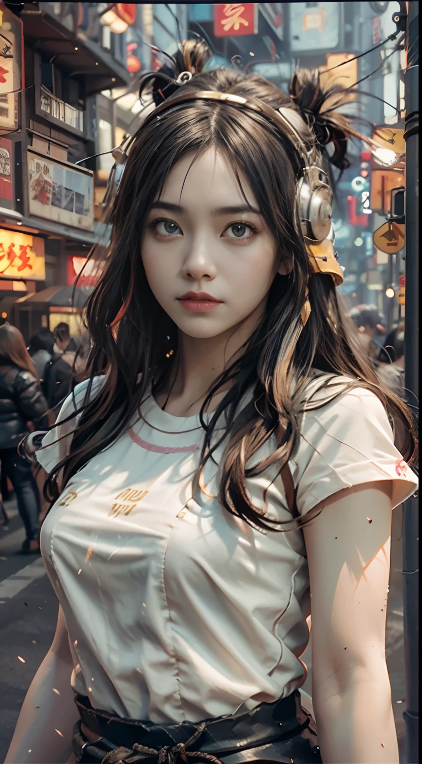 Videl Dragonball, serious face, white t-shirt, black leggings, original black long hair, long eyelashes, beautiful eyes with brightness, surrealism, shadow, stereogram, (photorealistic, realistic: 1.2), POV, atmospheric perspective, cinematic lighting, ray tracing, 8k, super detail, best quality, masterpiece, well detailed, (Canan EOS R6, 135mm, 1/1250s, f/2.8, ISO 400:0.9), cyberpunk, neon, neon signs, ramen shops