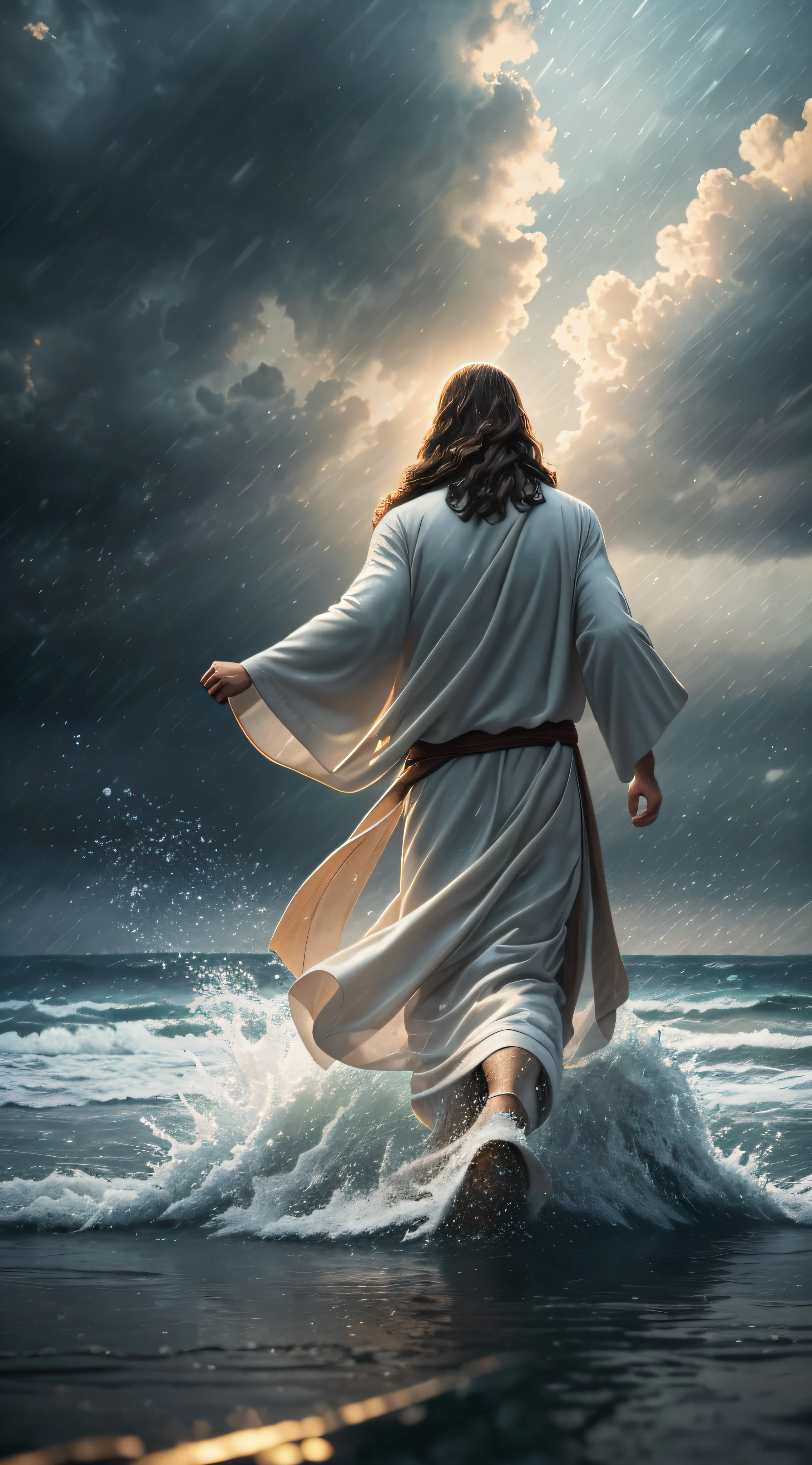 jesus walking on water in a storm, masterpiece, best quality, high quality, extremely detailed CG unit 8k wallpaper, award winning photography, Bokeh, Depth of Field, HDR, bloom, Chromatic aberration, photorealistic, extremely detailed, trending on artstation, trending on CGsociety, intricate, high detail, dramatic, mid-journey art, volumetric lighting