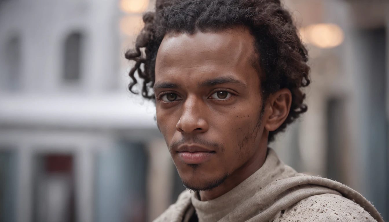 Star Wars at-st walker, snowy landscape, futuristic details, cinematic style, digital art, unreal engine, highly detailed, bokeh, handsome ethiopian man with habesha clothes eyes to the camera, avatar, clean, portrait , Best quality, masterpiece, ultra high res, (photorealistic:1.4), dramatic lighting, smile face, photo realistic