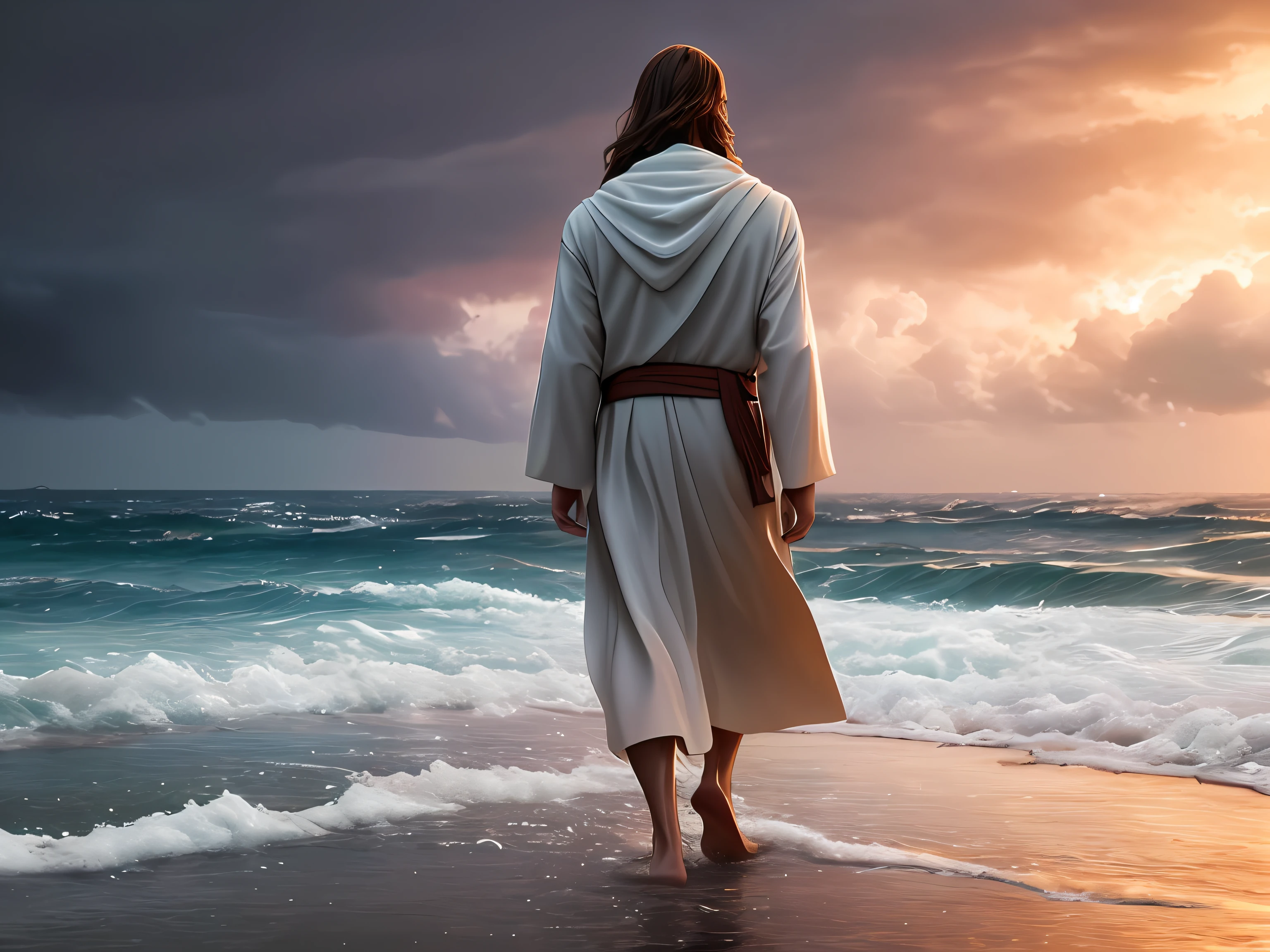 Jesus with a serene face walking on water in the midst of a storm, obra-prima, melhor qualidade, alta qualidade, papel de parede 8k de unidade CG extremamente detalhado, fotografia premiada, Bokeh, Depth of Field, HDR, bloom, chromatic aberration, fotorrealista, extremamente detalhado, trending on ArtStation, trend at CGSociety, intrincado, alto detalhe, dramatic, arte no meio da jornada, volumeric lighting