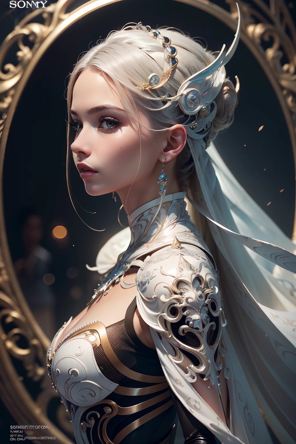 (best quality), (ultra detailed), (masterpiece), organic cyborg, white plastic, diffuse lighting, fantasy, intricate, elegant, highly detailed, lifelike, photorealistic, digital painting, artstation, illustration, concept art, smooth, sharp focus, extremely detailed magazine cover-style digital painting, (magazine cover-style illustration of a fashionable woman in a vibrant outfit), abs, adding a touch of fantasy to the scene, the text on the cover should be bold and attention-grabbing, with the title of the magazine and a catchy headline, the overall style should be modern and trendy, with a focus on fashion and fantasy, helvetica-bold, 
art by alejandro jodorowsky,
(photographed on a Sony a9 II, 100mm lens, F/2.8 aperture),
 rim lighting, two tone lighting, dimly lit, low key, portrait of a award winning photo of posing in a dark studio,