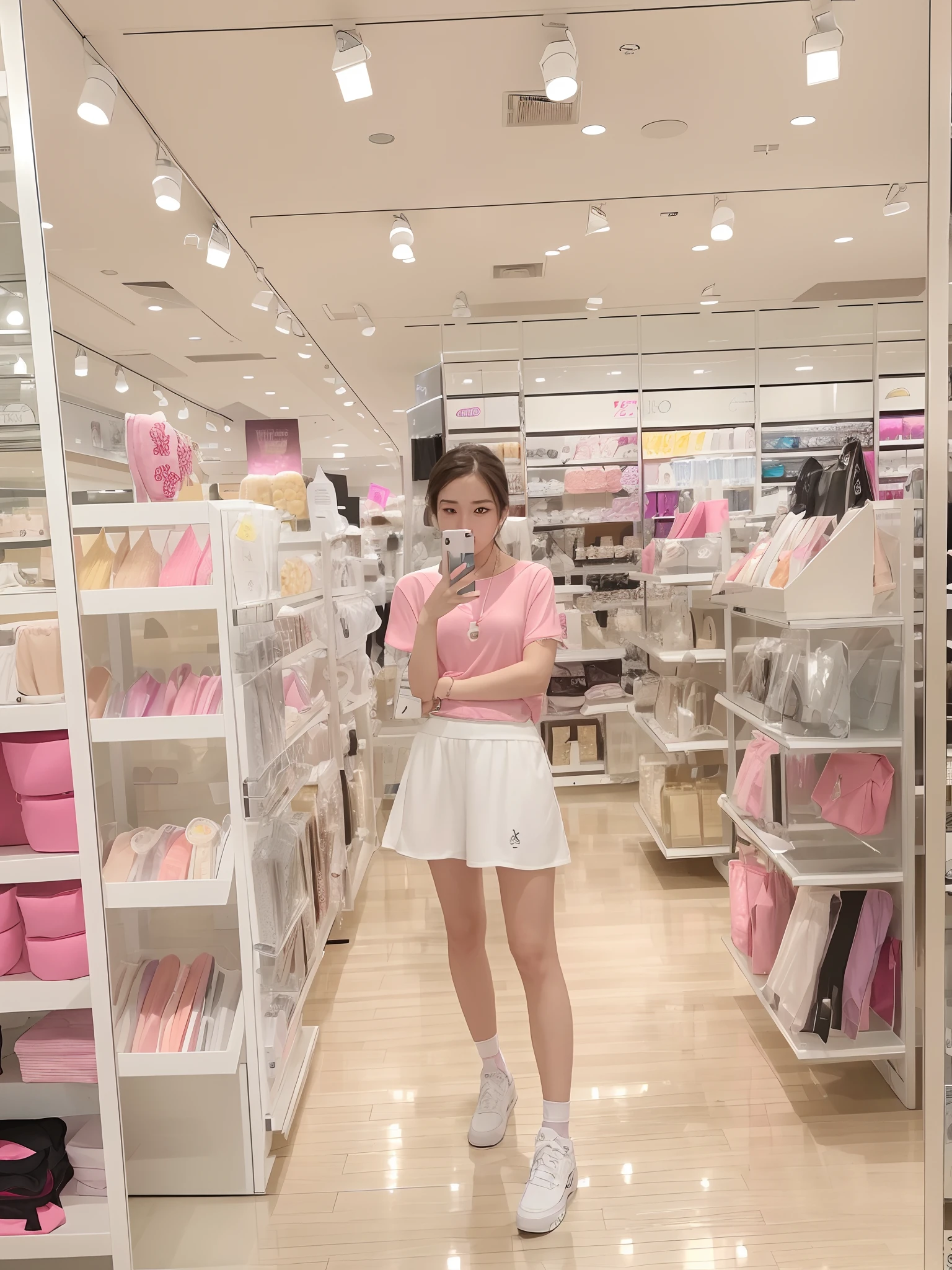 there is a woman standing in a store looking at her cell phone, in a mall, appearing in a shopping mall, Smooth white skinny sports tank top shorts 🤬 🤮 💕 🎀, ulzzangs, 😭 🤮 💕 🎀, jinyiwei, Li Zixin, in mall, inspired by Ma Yuanyu, low quality video, 8K))