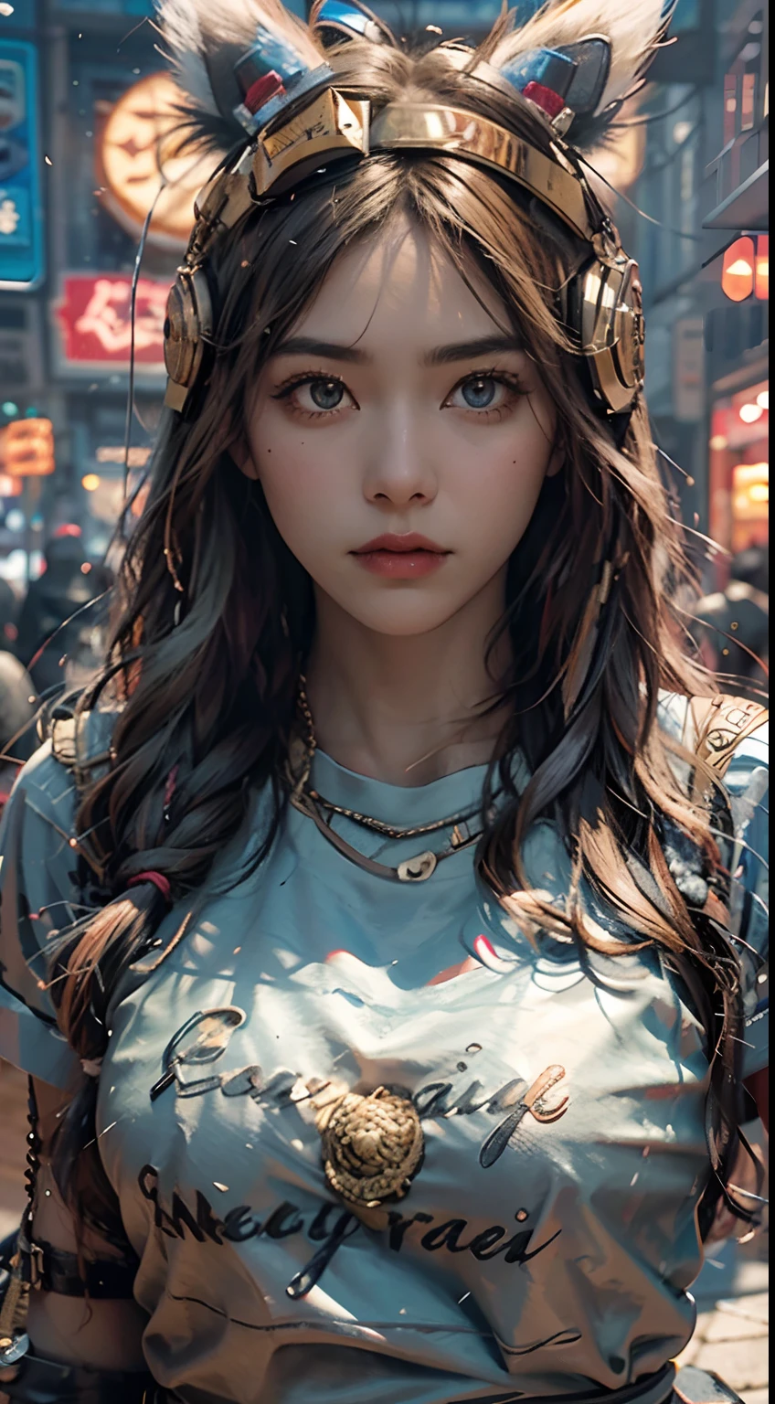 Videl Dragonball, serious face, white t-shirt, black leggings, original black long hair, long eyelashes, beautiful eyes with brightness, surrealism, shadow, stereogram, (photorealistic, realistic: 1.2), POV, atmospheric perspective, cinematic lighting, ray tracing, 8k, super detail, best quality, masterpiece, well detailed, (Canan EOS R6, 135mm, 1/1250s, f/2.8, ISO 400:0.9), cyberpunk, neon, neon signs, ramen shops