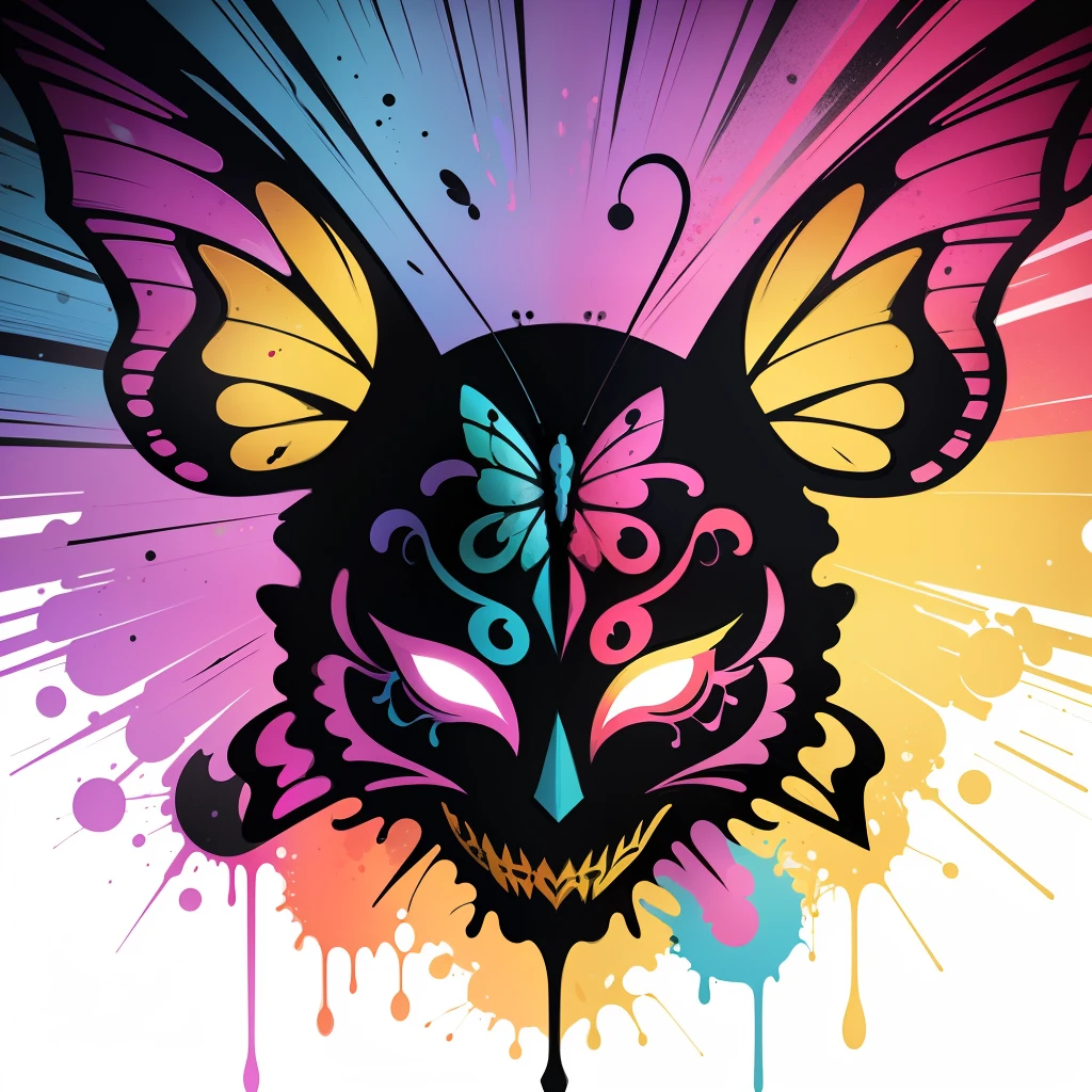 mardi gras mask, vector art, Colorful graffiti illustration,butterfly, in the center, Bright colors, paint splashes and blots, Adobe Illustrator, high detail, whitebackground