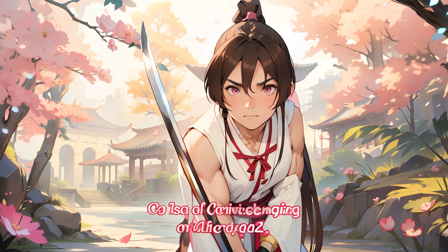 Long brown hair in a ponytail with a very long ribbon、dark pink eyes、Too eyebrows、well-muscled、1boy、Young boy、Handsome face、blue china dress、Five-point sleeves、Sleeveless white haori with hood、bare-legged、Black leggings、sandal、Sunnyday、Scenery of Shanghai、borgar、The sword