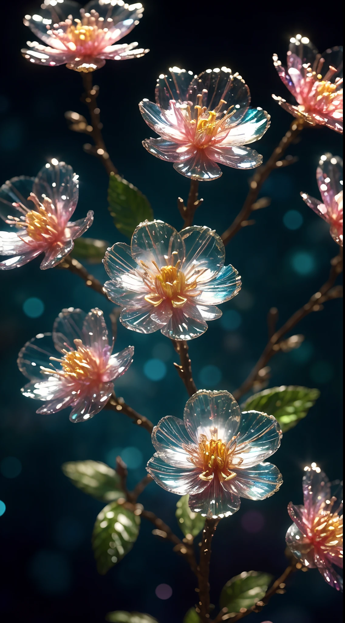 crystal spring blossom,
fantasy, galaxy, transparent,
shimmering, sparkling, splendid, colorful,
magical photography, dramatic lighting, photo realism, ultra-detailed, 4k, Depth of field, High-resolution