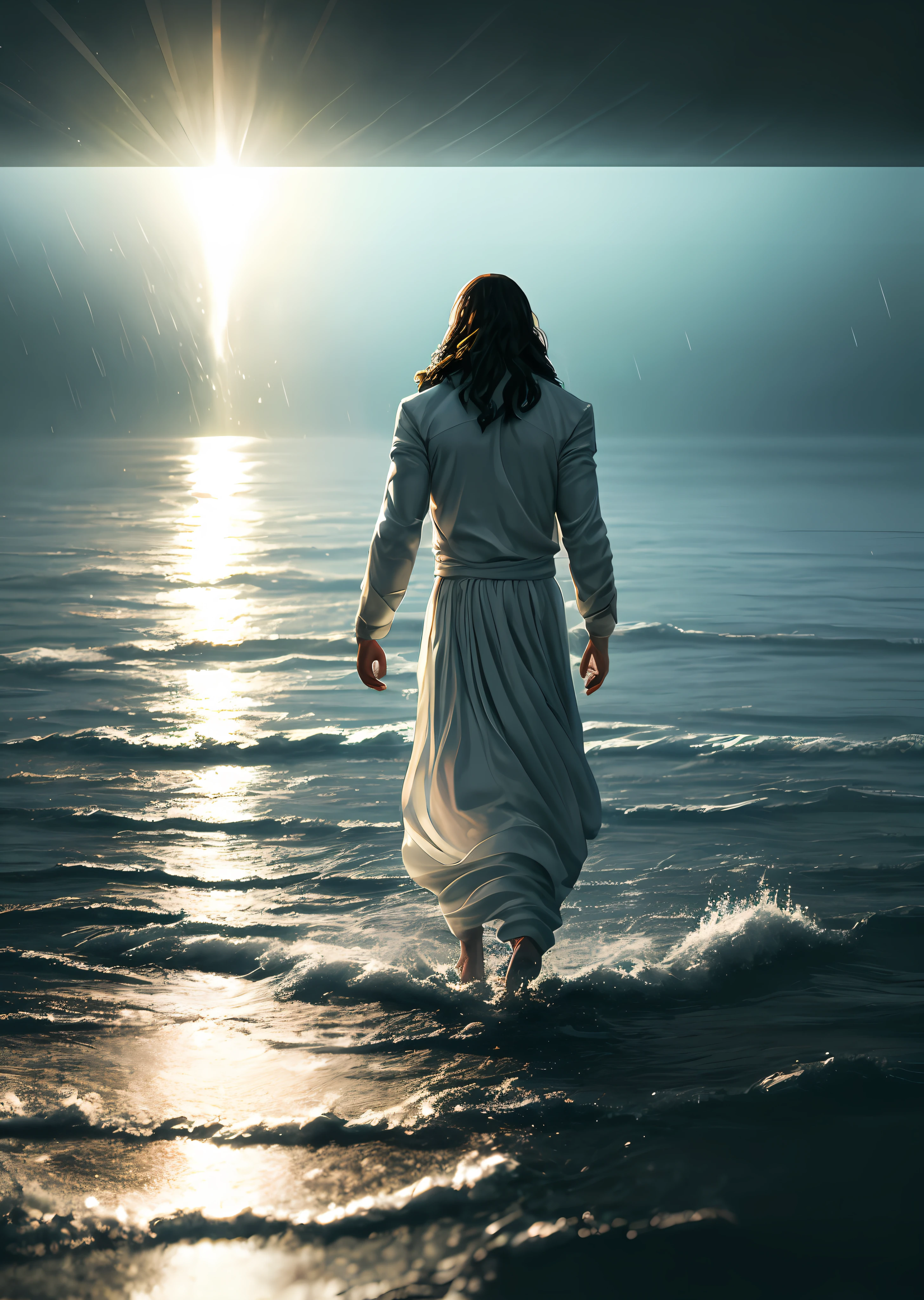 jesus walking on water in a storm, masterpiece, best quality, high quality, extremely detailed CG unit 8k wallpaper, award winning photography, Bokeh, Depth of Field, HDR, bloom, Chromatic aberration, photorealistic, extremely detailed, trending on artstation, trending on CGsociety, intricate, high detail, dramatic, mid-journey art, volumetric lighting