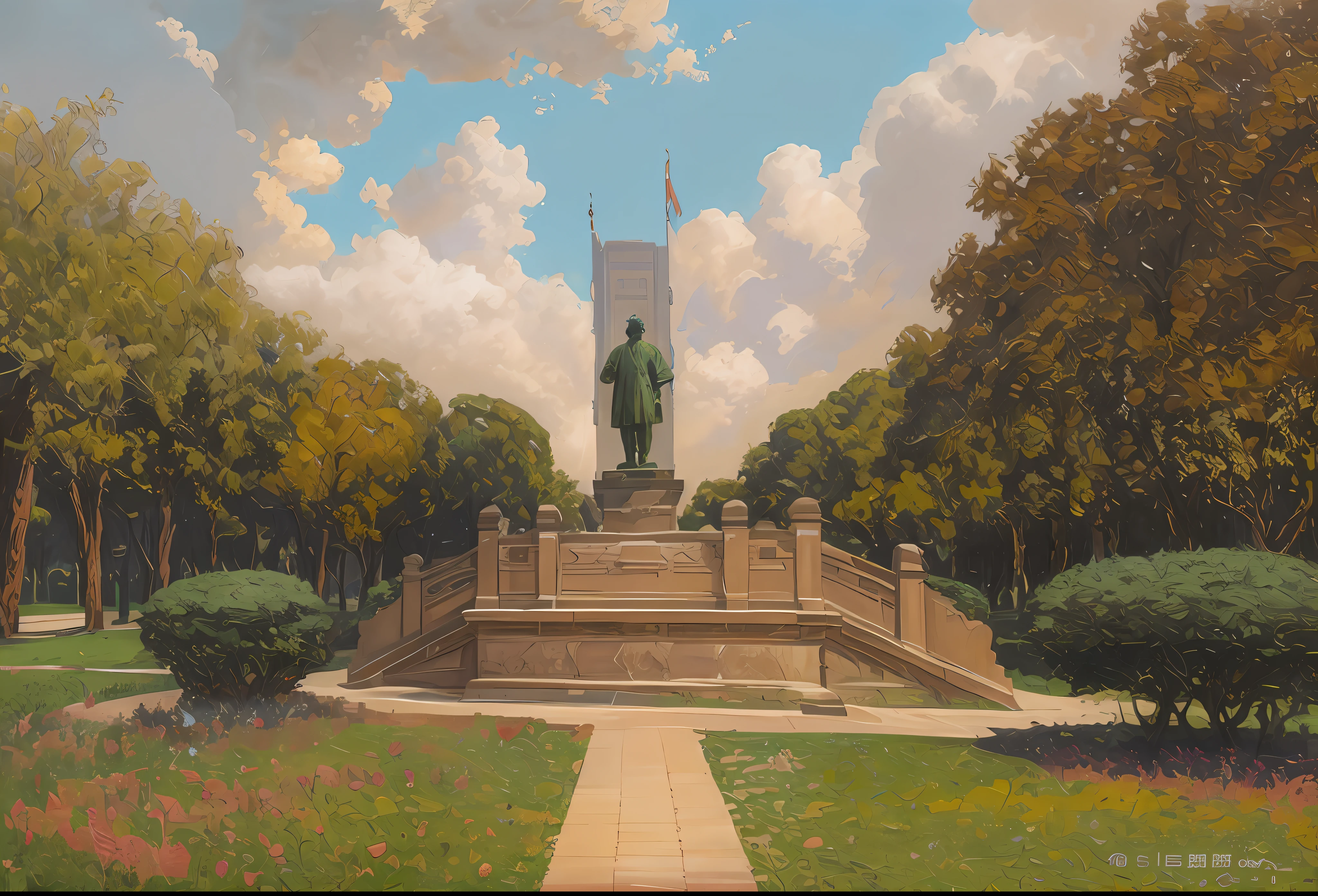 Realistic, realistic, beautiful and amazing landscapes oil painting Ghibli Studio Miyazaki's magnificent hero large bronze statue, parks and monuments in a historic city, magnificent clouds, beautiful trees --v6