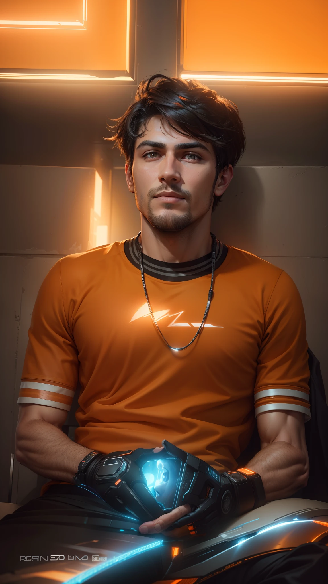 Handsome man, realistic face, background change, cyberpunk background, orange rim light background,dark room,8k resulation,ultra hd