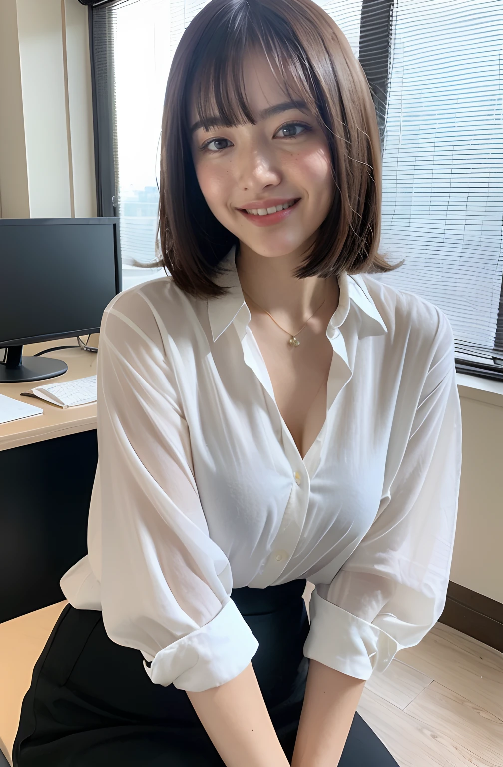 ((Best Quality, 8k, Masterpiecedetails, ultra-high resolution)), (looking at the viewer), (close up), attractive business 1 milf sitting on office desk, a bit chubby:0.25, white collared shirt, grey skirt, smile, office of CEO,