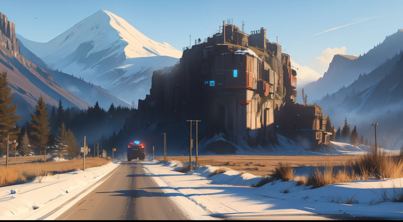 fantasy style,4k,HD,4k_image,Super Realistic Detailed,cyberpunk,arafed road on it in the middle of a field, there is a long road going through a mountain range,snow, monster, monster fire