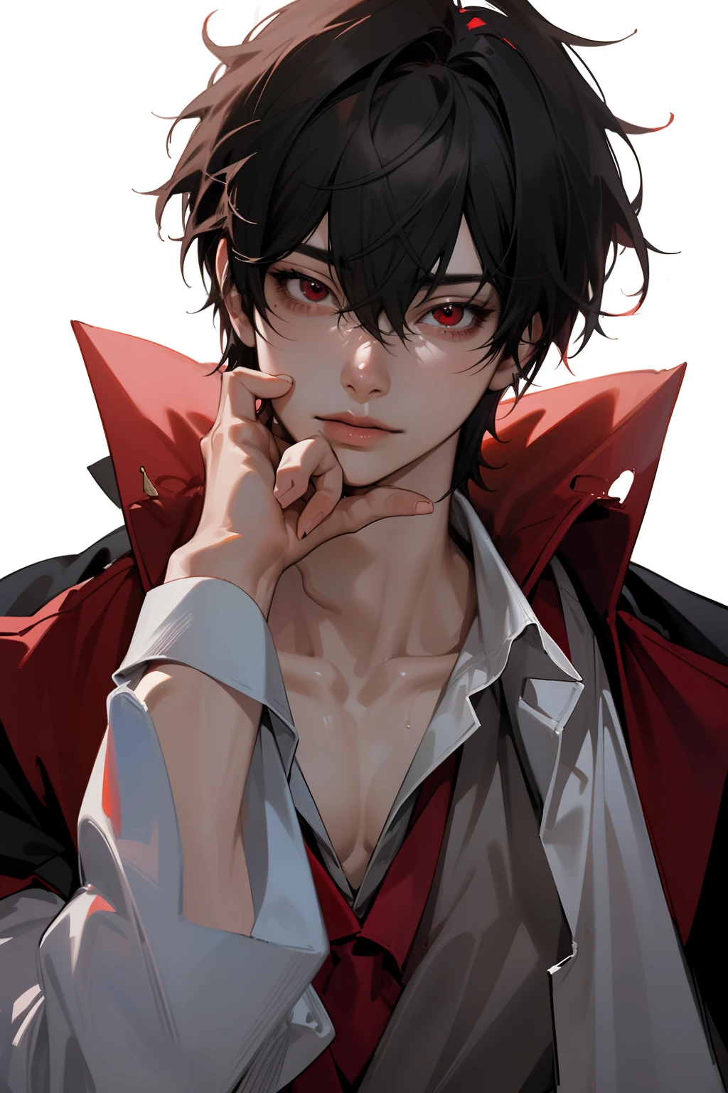 masterpiece, best quality, high quality, 1boy, solo, male focus, looking at viewer, upper body, kirishima_ikuya, black hair, red eyes, Realism