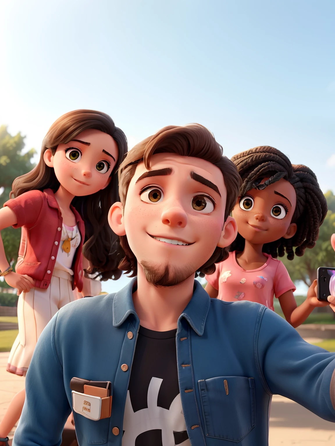 A male man taking a selfie with two girls behind him, Male is in front of girls, The girls behind, a girl is a beautiful black girl, The other girl is brunette