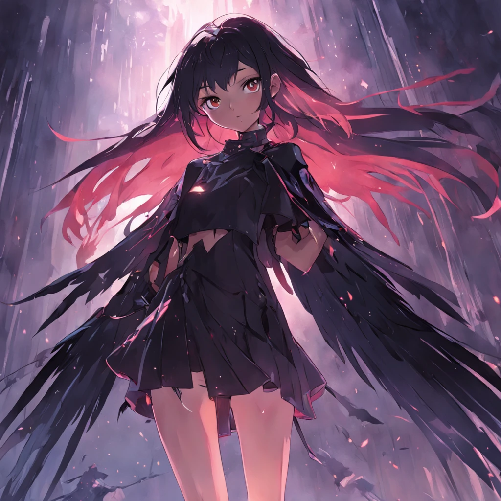Masterpiece, Best quality, cinematic Film still from, 1girll, monstergirl, Raven woman, full bodyesbian, Portrait, Detailed (Eyes), Long (Hair), Perfect body, Proportional body, crow|raven wings, deep look, (Short skirt and pants), Close-up, Cool soft lighting, Sunset, (Aura:0.7)