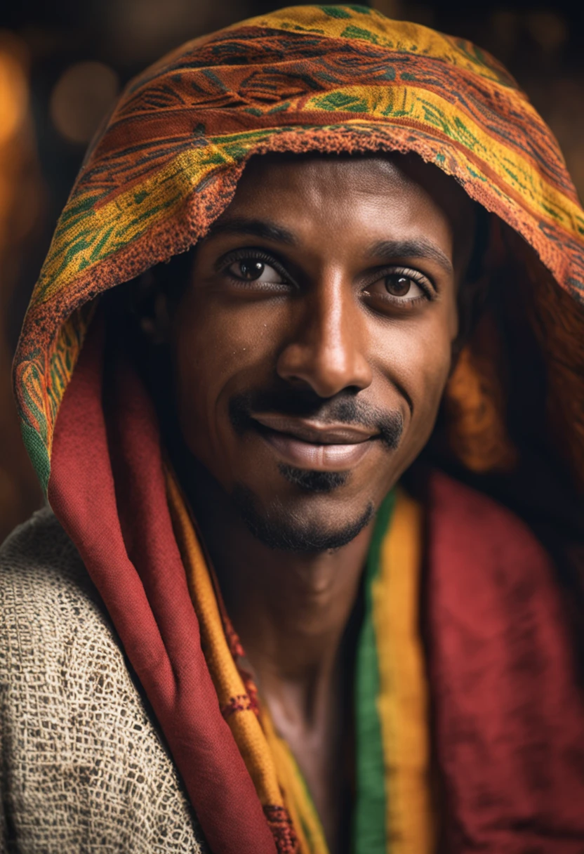 handsome ethiopian man with habesha clothes eyes to the camera, avatar, clean, portrait , Best quality, masterpiece, ultra high res, (photorealistic:1.4), dramatic lighting, smile face, photo realistic, books in background, library,